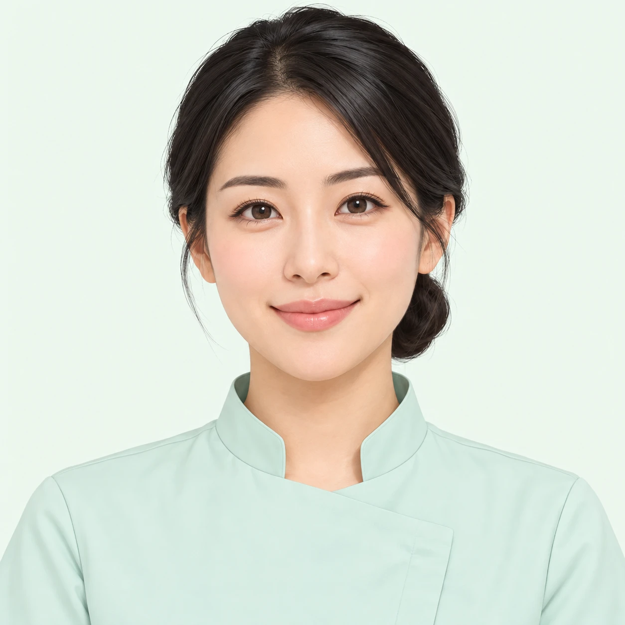 Illustration of one woman in a pale mint dental tunic with a raised collar and neat black hair in a low bun, her head and shoulders seen straight from the front with both eyes looking at the viewer and a calm closed-mouth smile, closely cropped so the head and shoulders fill most of the picture, hands not visible, a plain pale background behind her, the lower edge left as empty background with nothing written on it (soft pastel)
