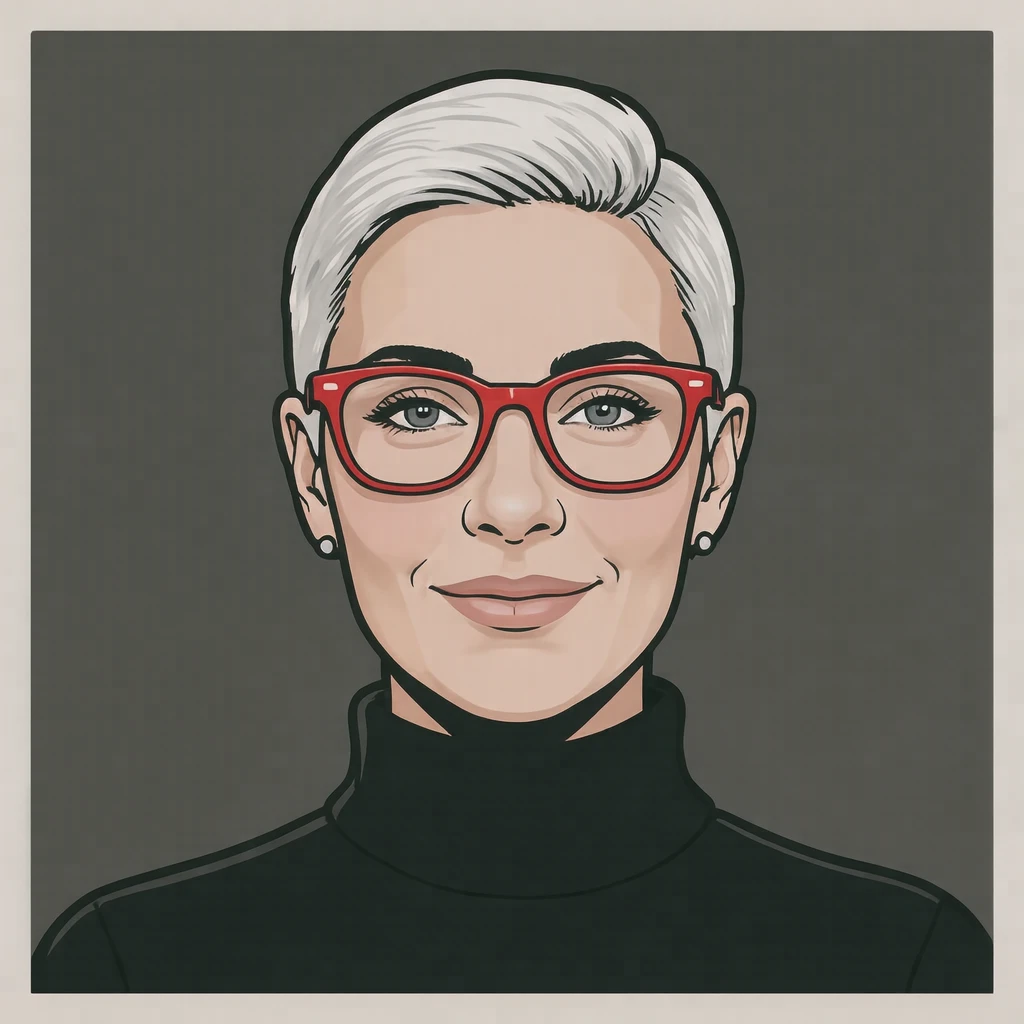 Illustration of one woman in a black turtleneck with red framed glasses and a platinum crop, her head and shoulders seen straight from the front with both eyes looking at the viewer and a calm closed-mouth smile, closely cropped so the head and shoulders fill most of the picture, hands not visible, a plain pale background behind her, the lower edge left as empty background with nothing written on it (bold graphic)