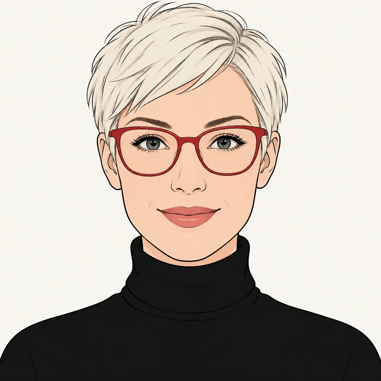 Illustration of one woman in a black turtleneck with red framed glasses and a platinum crop, her head and shoulders seen straight from the front with both eyes looking at the viewer and a calm closed-mouth smile, closely cropped so the head and shoulders fill most of the picture, hands not visible, a plain pale background behind her, the lower edge left as empty background with nothing written on it (simple line art)