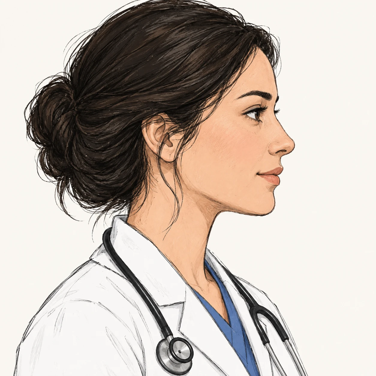 Illustration of one woman in a white medical coat with a stethoscope resting around her neck and neat dark hair, her head and shoulders seen in full profile from the side with her gaze level ahead and a calm closed-mouth expression, closely cropped so the head and shoulders fill most of the picture, hands not visible, a plain pale background behind her, the lower edge left as empty background with nothing written on it (hand-drawn)
