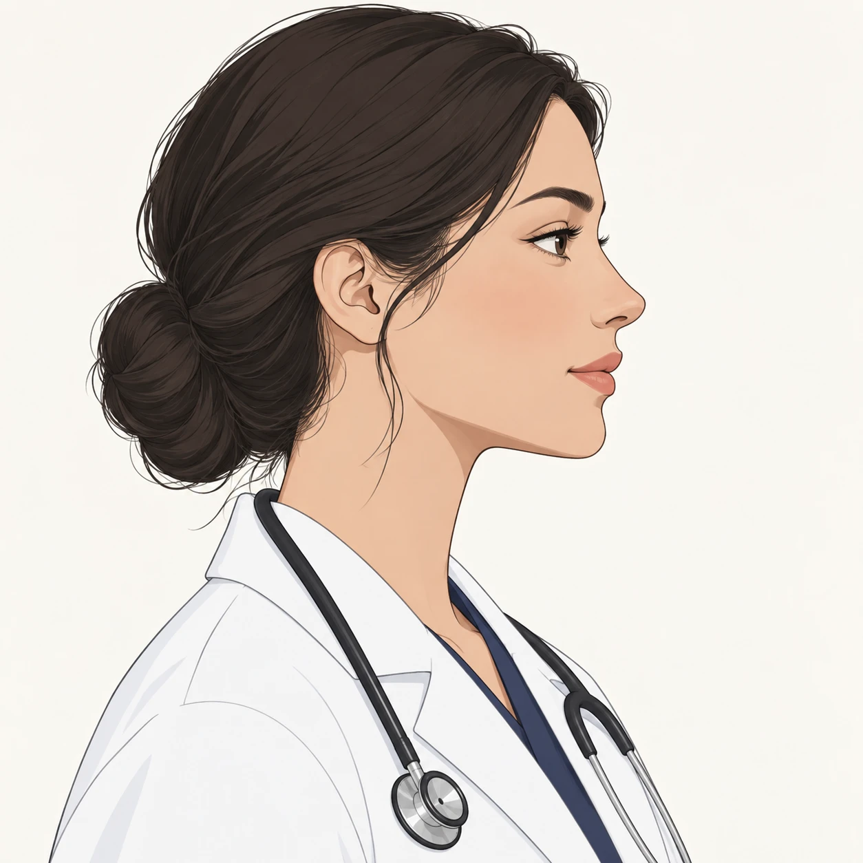 Illustration of one woman in a white medical coat with a stethoscope resting around her neck and neat dark hair, her head and shoulders seen in full profile from the side with her gaze level ahead and a calm closed-mouth expression, closely cropped so the head and shoulders fill most of the picture, hands not visible, a plain pale background behind her, the lower edge left as empty background with nothing written on it (simple line art)