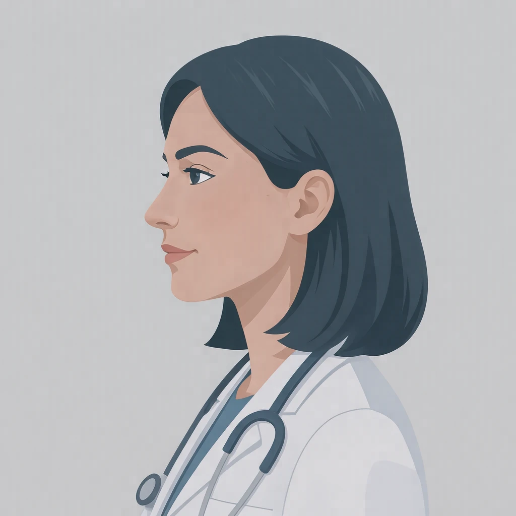Illustration of one woman in a white medical coat with a stethoscope resting around her neck and neat dark hair, her head and shoulders seen in full profile from the side with her gaze level ahead and a calm closed-mouth expression, closely cropped so the head and shoulders fill most of the picture, hands not visible, a plain pale background behind her, the lower edge left as empty background with nothing written on it (flat illustration)