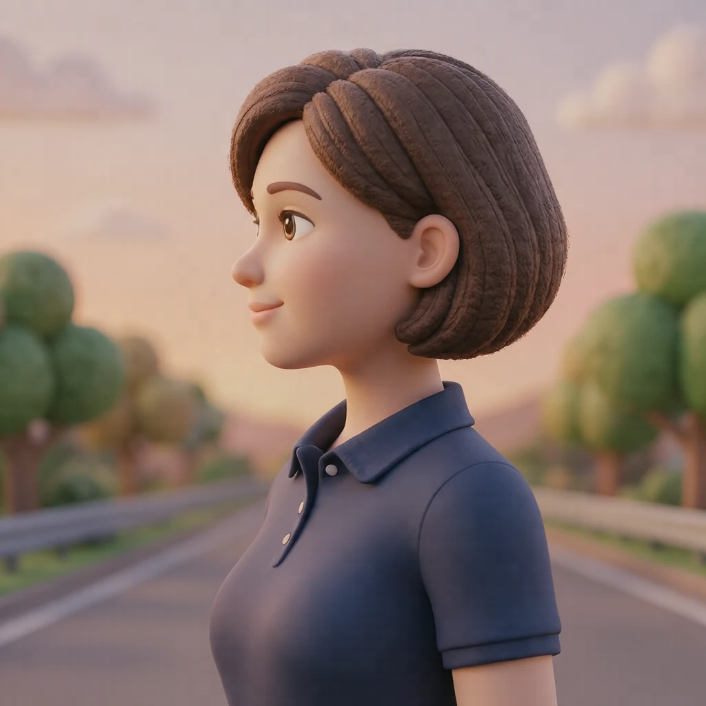 Illustration of one woman in a navy driver's polo shirt with a buttoned collar and short cropped hair, her head and shoulders seen in full profile from the side with her gaze level ahead and a calm closed-mouth expression, closely cropped so the head and shoulders fill most of the picture, hands not visible, a plain pale background behind her, the lower edge left as empty background with nothing written on it (soft 3D)