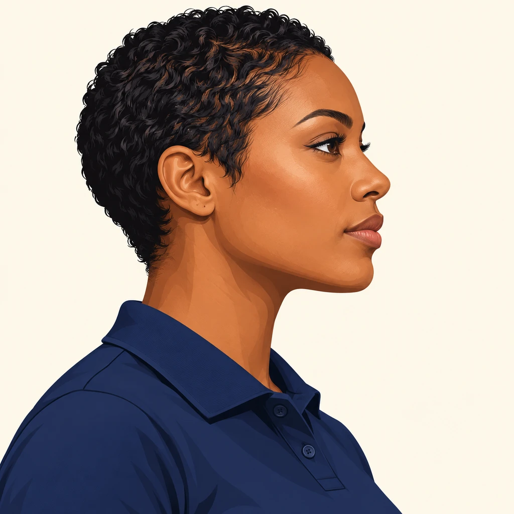 Illustration of one woman in a navy driver's polo shirt with a buttoned collar and short cropped hair, her head and shoulders seen in full profile from the side with her gaze level ahead and a calm closed-mouth expression, closely cropped so the head and shoulders fill most of the picture, hands not visible, a plain pale background behind her, the lower edge left as empty background with nothing written on it (bold graphic)