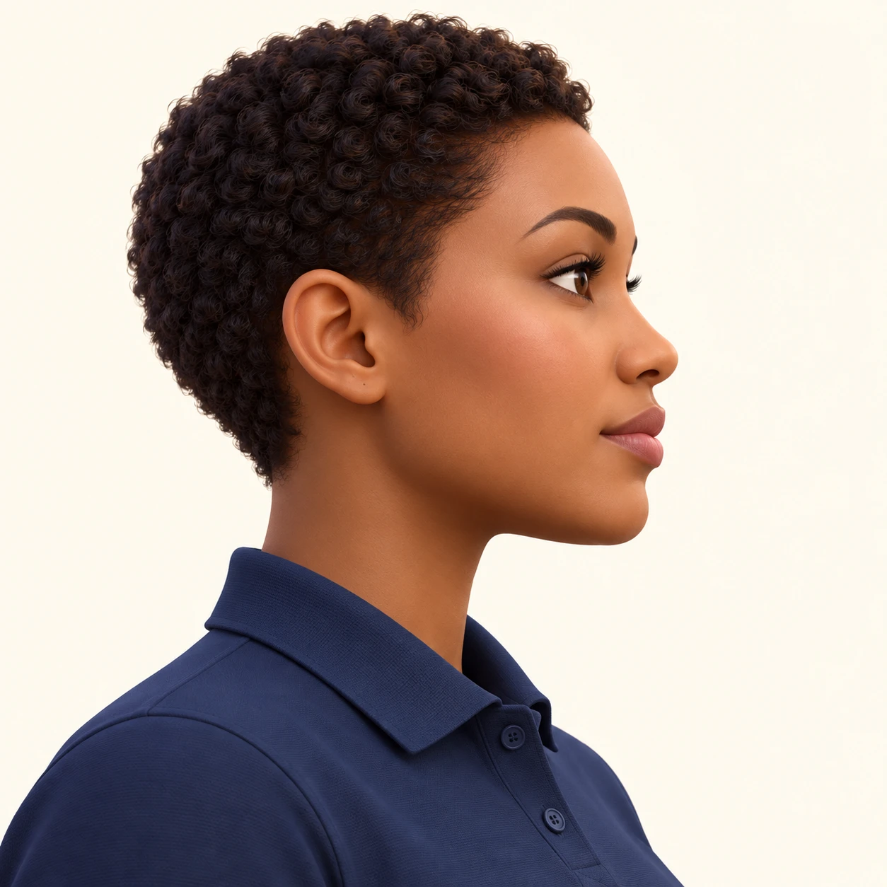 Illustration of one woman in a navy driver's polo shirt with a buttoned collar and short cropped hair, her head and shoulders seen in full profile from the side with her gaze level ahead and a calm closed-mouth expression, closely cropped so the head and shoulders fill most of the picture, hands not visible, a plain pale background behind her, the lower edge left as empty background with nothing written on it (soft 3D)