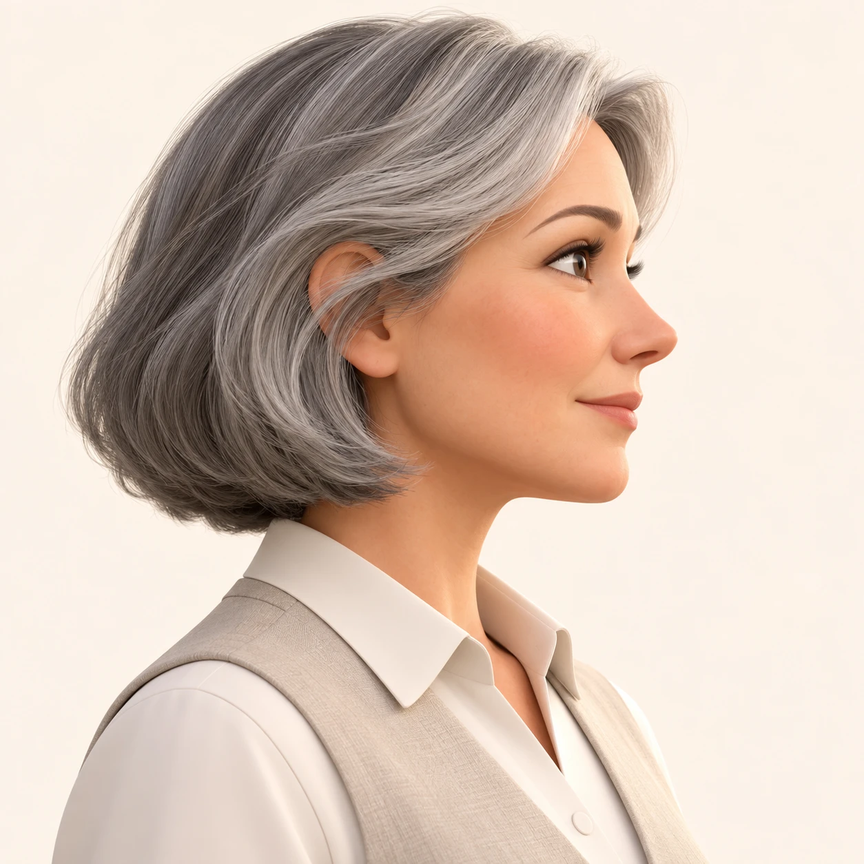 Illustration of one woman in a light instructor's vest over a blouse with greying chin-length hair, her head and shoulders seen in full profile from the side with her gaze level ahead and a calm closed-mouth expression, closely cropped so the head and shoulders fill most of the picture, hands not visible, a plain pale background behind her, the lower edge left as empty background with nothing written on it (soft 3D)