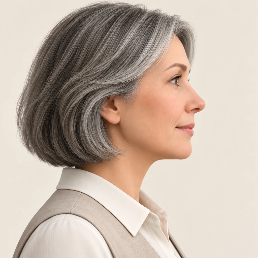 Illustration of one woman in a light instructor's vest over a blouse with greying chin-length hair, her head and shoulders seen in full profile from the side with her gaze level ahead and a calm closed-mouth expression, closely cropped so the head and shoulders fill most of the picture, hands not visible, a plain pale background behind her, the lower edge left as empty background with nothing written on it (soft 3D)