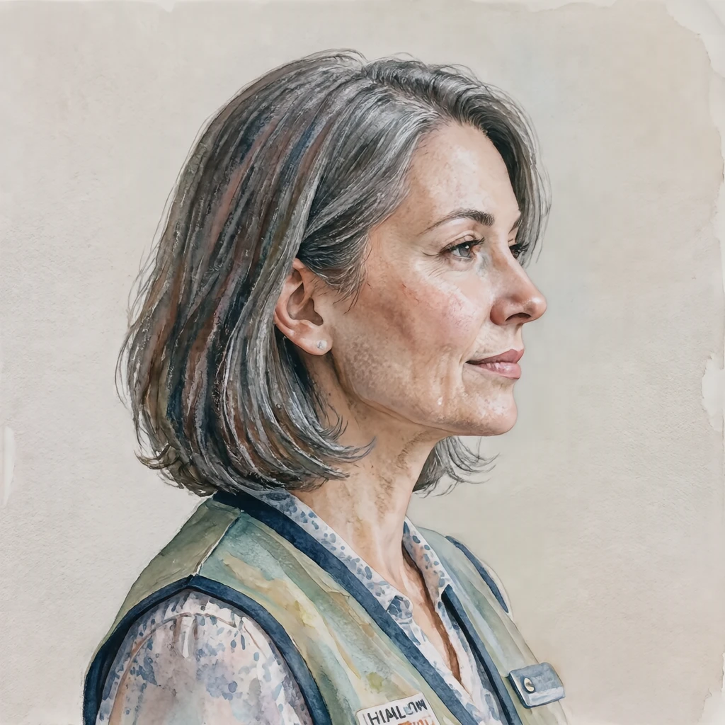 Illustration of one woman in a light instructor's vest over a blouse with greying chin-length hair, her head and shoulders seen in full profile from the side with her gaze level ahead and a calm closed-mouth expression, closely cropped so the head and shoulders fill most of the picture, hands not visible, a plain pale background behind her, the lower edge left as empty background with nothing written on it (watercolor)