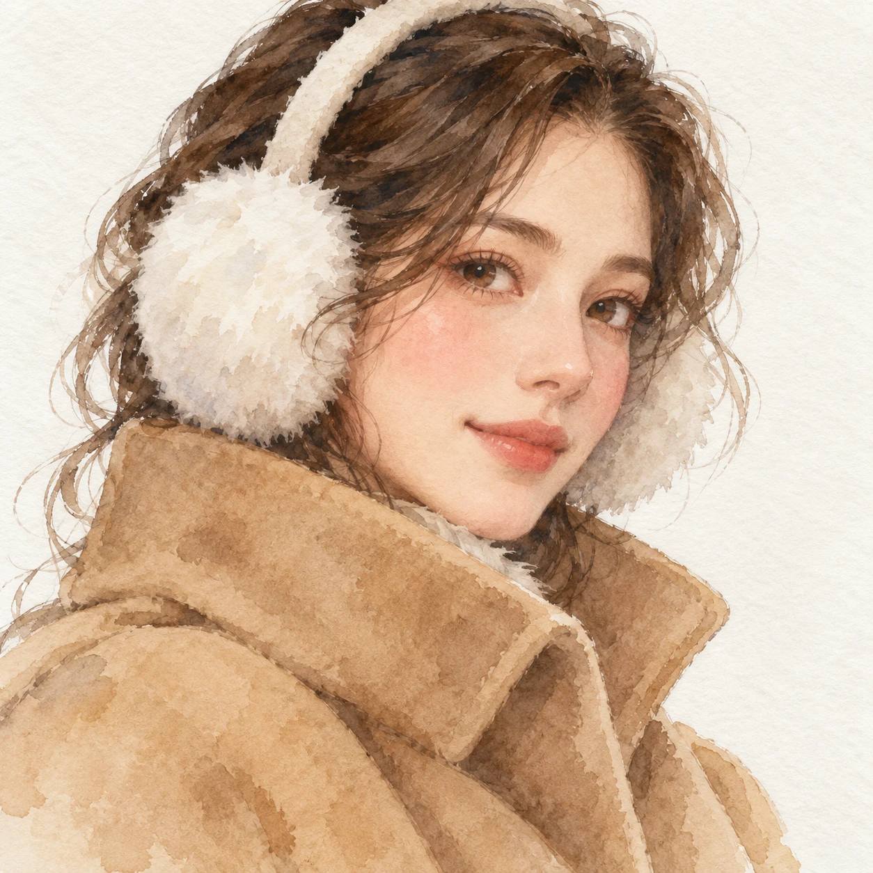 Illustration of one woman in fluffy white earmuffs and a long camel winter coat with the collar turned up, her head and shoulders seen at a three-quarter angle with her face turned slightly to one side, both eyes visible and looking at the viewer with a calm closed-mouth smile, closely cropped so the head and shoulders fill most of the picture, hands not visible, a plain pale background behind her, the lower edge left as empty background with nothing written on it (watercolor)