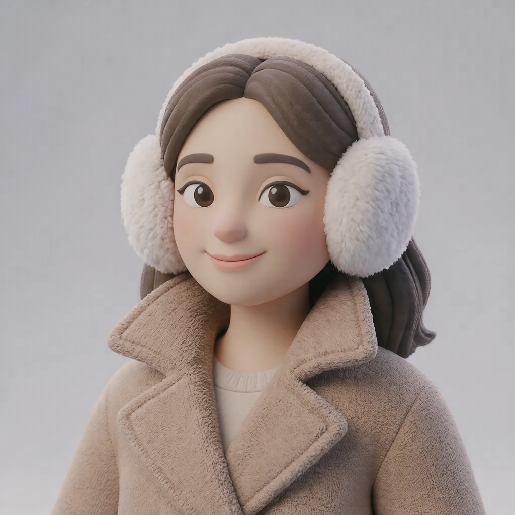 Illustration of one woman in fluffy white earmuffs and a long camel winter coat with the collar turned up, her head and shoulders seen at a three-quarter angle with her face turned slightly to one side, both eyes visible and looking at the viewer with a calm closed-mouth smile, closely cropped so the head and shoulders fill most of the picture, hands not visible, a plain pale background behind her, the lower edge left as empty background with nothing written on it (soft 3D)