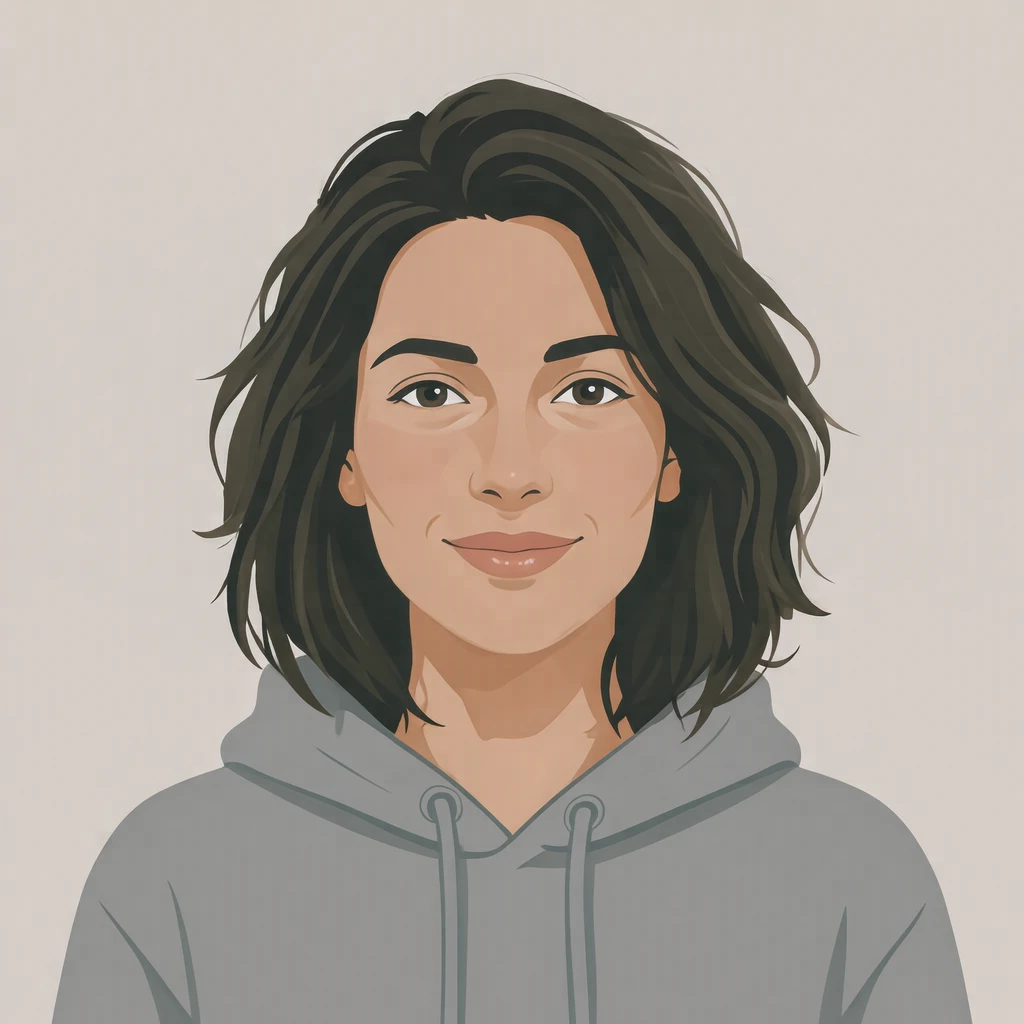 Illustration of one woman in a plain grey hoodie with tousled dark hair, her head and shoulders seen straight from the front with both eyes looking at the viewer and a calm closed-mouth smile, closely cropped so the head and shoulders fill most of the picture, hands not visible, a plain pale background behind her, the lower edge left as empty background with nothing written on it (flat illustration)