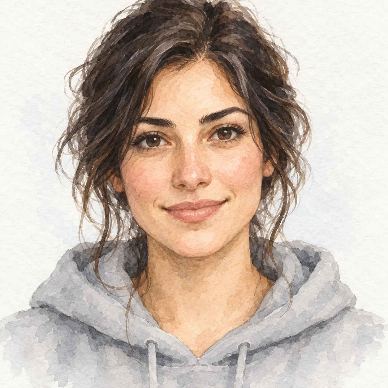 Illustration of one woman in a plain grey hoodie with tousled dark hair, her head and shoulders seen straight from the front with both eyes looking at the viewer and a calm closed-mouth smile, closely cropped so the head and shoulders fill most of the picture, hands not visible, a plain pale background behind her, the lower edge left as empty background with nothing written on it (watercolor)