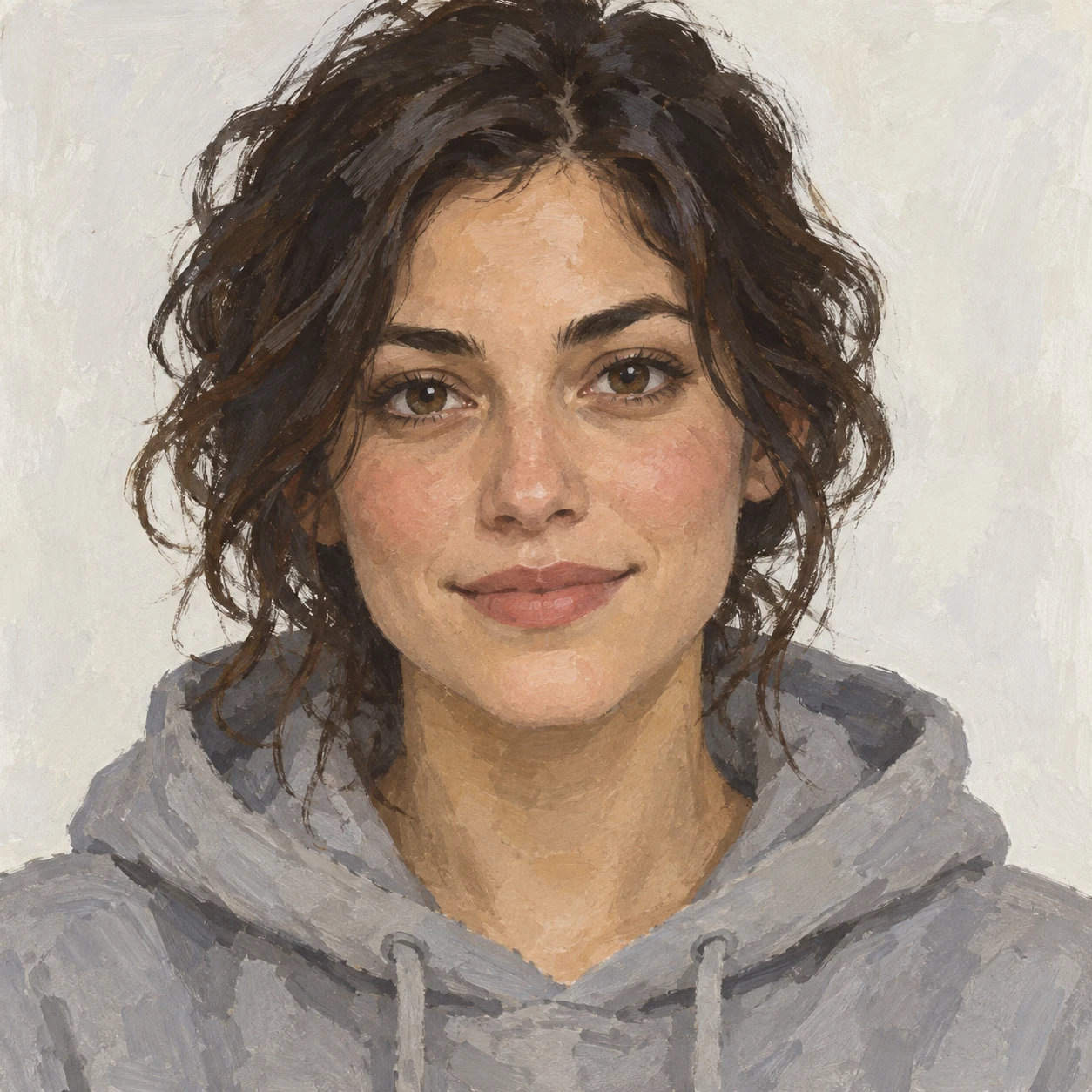 Illustration of one woman in a plain grey hoodie with tousled dark hair, her head and shoulders seen straight from the front with both eyes looking at the viewer and a calm closed-mouth smile, closely cropped so the head and shoulders fill most of the picture, hands not visible, a plain pale background behind her, the lower edge left as empty background with nothing written on it (gouache)