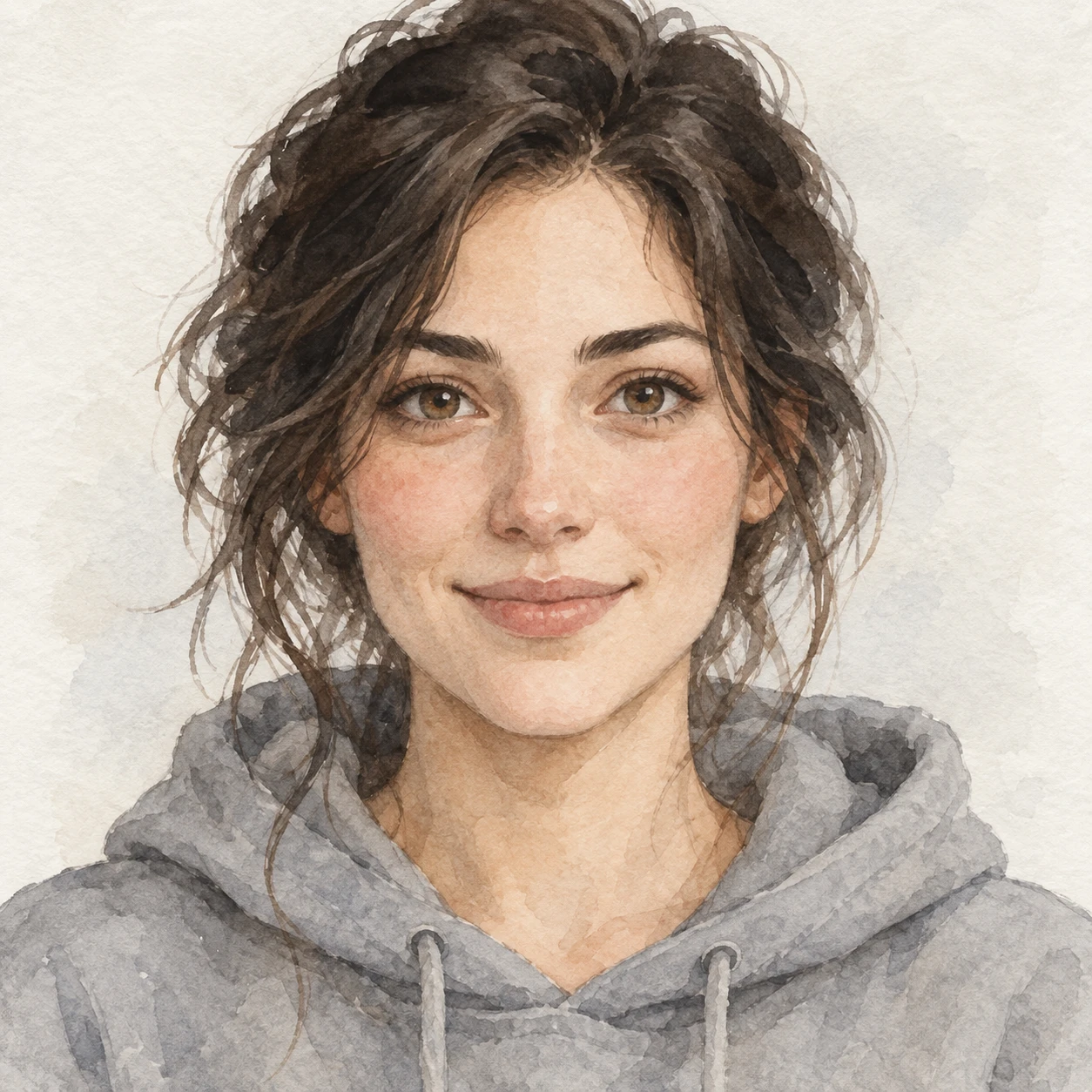 Illustration of one woman in a plain grey hoodie with tousled dark hair, her head and shoulders seen straight from the front with both eyes looking at the viewer and a calm closed-mouth smile, closely cropped so the head and shoulders fill most of the picture, hands not visible, a plain pale background behind her, the lower edge left as empty background with nothing written on it (watercolor)