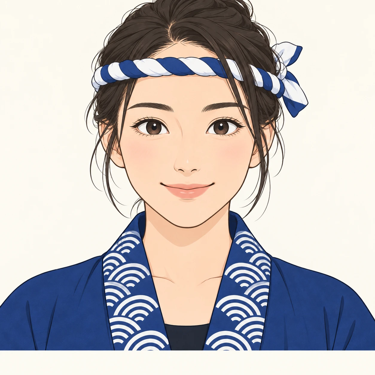 Illustration of one woman in a plain indigo festival happi coat with a white wave pattern along the collar and a twisted cloth headband around her forehead, her head and shoulders seen straight from the front with both eyes looking at the viewer and a calm closed-mouth smile, closely cropped so the head and shoulders fill most of the picture, hands not visible, a plain pale background behind her, the lower edge left as empty background with nothing written on it (simple line art)