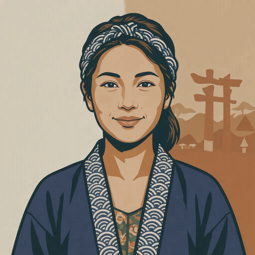 Illustration of one woman in a plain indigo festival happi coat with a white wave pattern along the collar and a twisted cloth headband around her forehead, her head and shoulders seen straight from the front with both eyes looking at the viewer and a calm closed-mouth smile, closely cropped so the head and shoulders fill most of the picture, hands not visible, a plain pale background behind her, the lower edge left as empty background with nothing written on it (bold graphic)