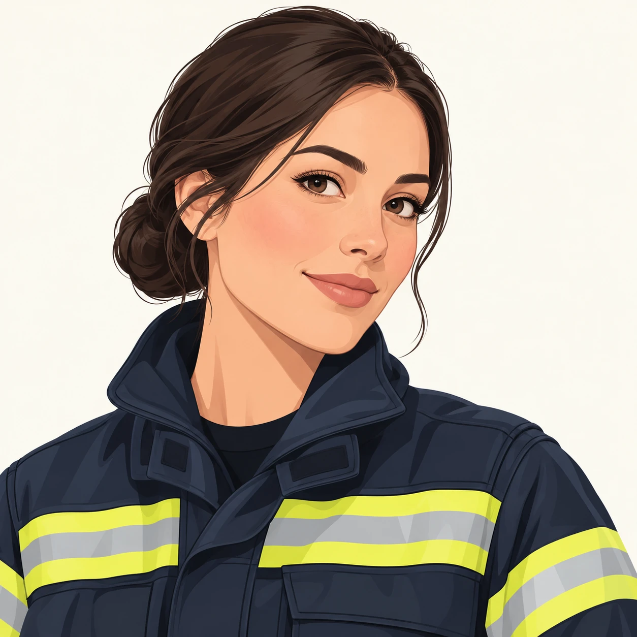 Illustration of one woman in a navy fire-service jacket with reflective bands across the chest and her dark hair tied back in a low bun, her head and shoulders seen at a three-quarter angle with her face turned slightly to one side, both eyes visible and looking at the viewer with a calm closed-mouth smile, closely cropped so the head and shoulders fill most of the picture, hands not visible, a plain pale background behind her, the lower edge left as empty background with nothing written on it (flat illustration)