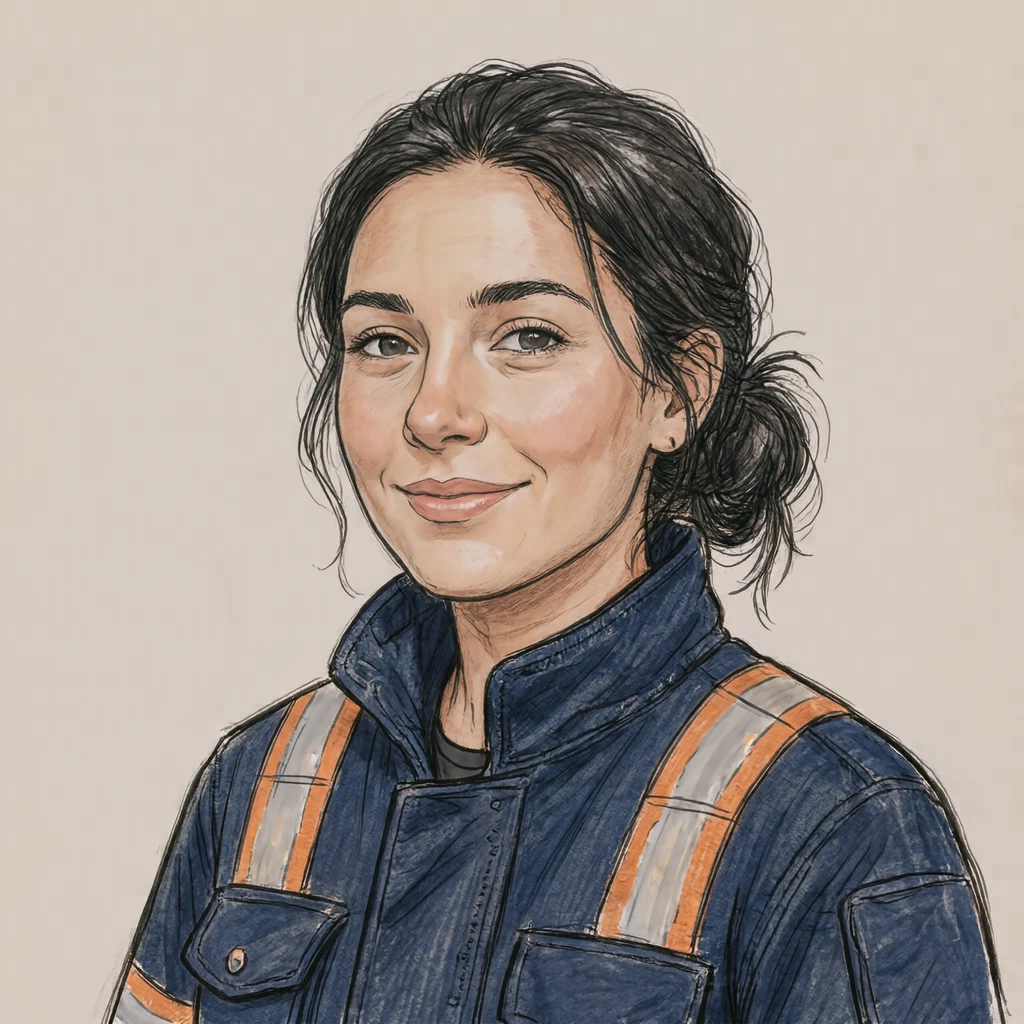 Illustration of one woman in a navy fire-service jacket with reflective bands across the chest and her dark hair tied back in a low bun, her head and shoulders seen at a three-quarter angle with her face turned slightly to one side, both eyes visible and looking at the viewer with a calm closed-mouth smile, closely cropped so the head and shoulders fill most of the picture, hands not visible, a plain pale background behind her, the lower edge left as empty background with nothing written on it (hand-drawn)