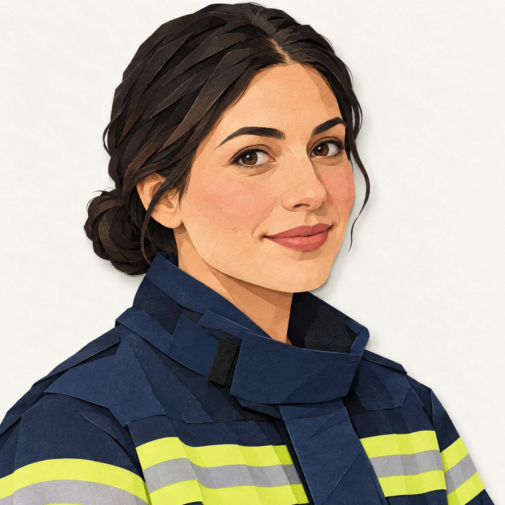 Illustration of one woman in a navy fire-service jacket with reflective bands across the chest and her dark hair tied back in a low bun, her head and shoulders seen at a three-quarter angle with her face turned slightly to one side, both eyes visible and looking at the viewer with a calm closed-mouth smile, closely cropped so the head and shoulders fill most of the picture, hands not visible, a plain pale background behind her, the lower edge left as empty background with nothing written on it (paper cut-out)