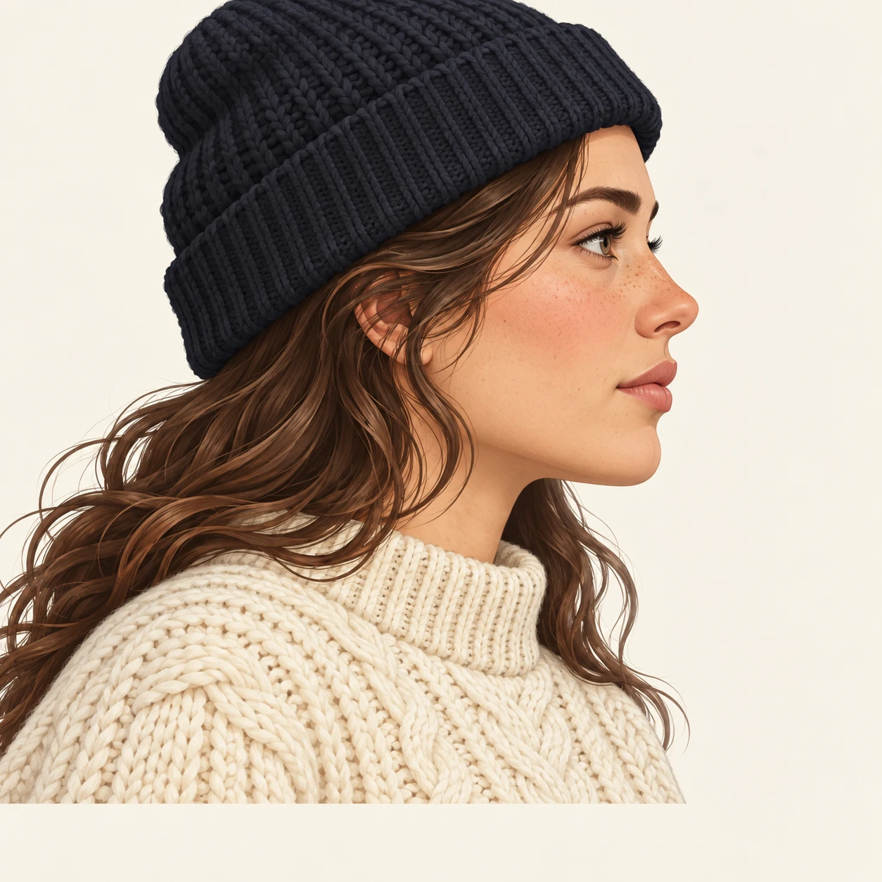Illustration of one woman in a cream cable-knit fisherman sweater and a dark knitted watch cap over loose wavy hair, her head and shoulders seen in full profile from the side with her gaze level ahead and a calm closed-mouth expression, closely cropped so the head and shoulders fill most of the picture, hands not visible, a plain pale background behind her, the lower edge left as empty background with nothing written on it (isometric)