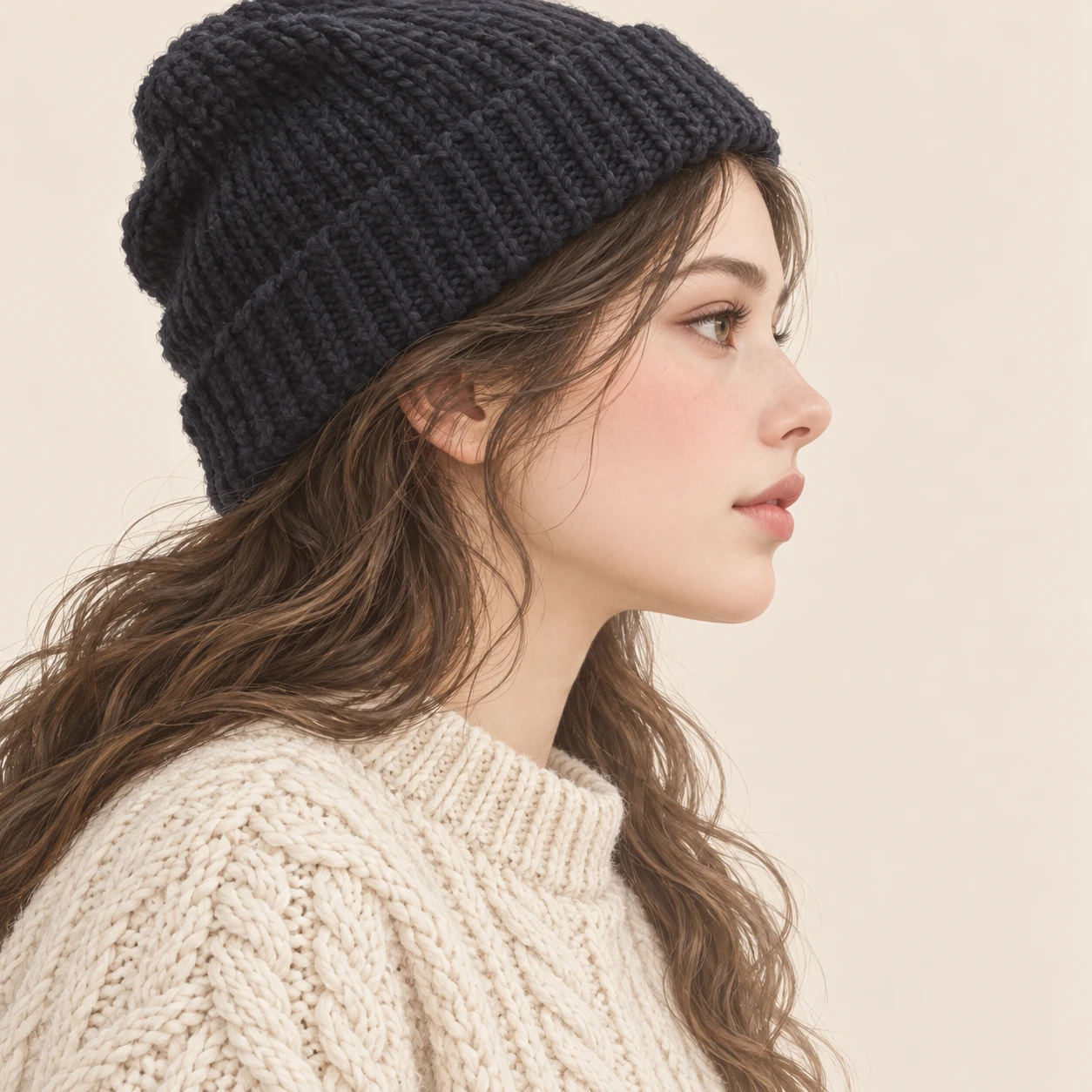 Illustration of one woman in a cream cable-knit fisherman sweater and a dark knitted watch cap over loose wavy hair, her head and shoulders seen in full profile from the side with her gaze level ahead and a calm closed-mouth expression, closely cropped so the head and shoulders fill most of the picture, hands not visible, a plain pale background behind her, the lower edge left as empty background with nothing written on it (soft pastel)