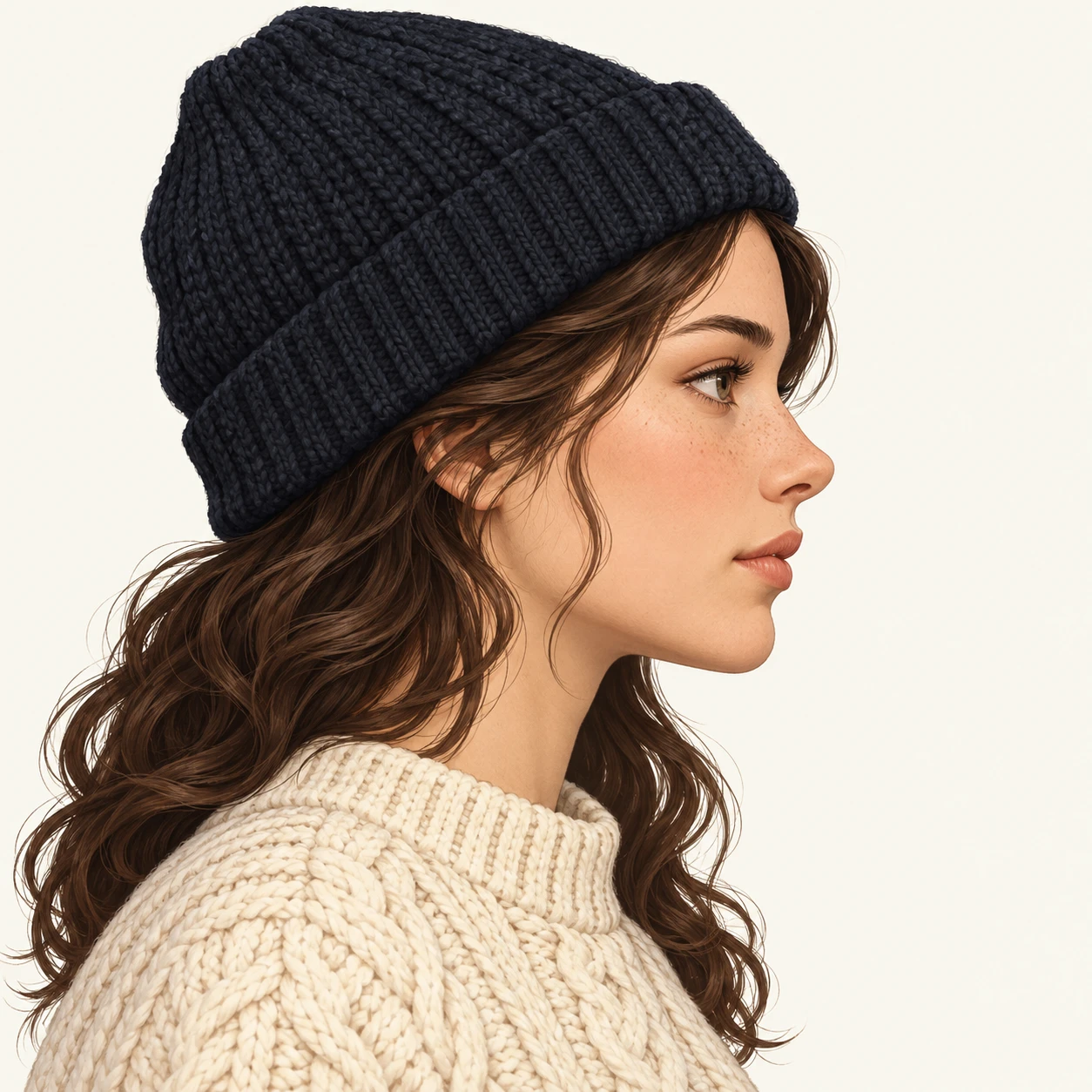 Illustration of one woman in a cream cable-knit fisherman sweater and a dark knitted watch cap over loose wavy hair, her head and shoulders seen in full profile from the side with her gaze level ahead and a calm closed-mouth expression, closely cropped so the head and shoulders fill most of the picture, hands not visible, a plain pale background behind her, the lower edge left as empty background with nothing written on it (isometric)