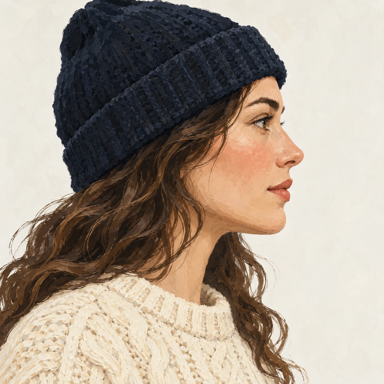 Illustration of one woman in a cream cable-knit fisherman sweater and a dark knitted watch cap over loose wavy hair, her head and shoulders seen in full profile from the side with her gaze level ahead and a calm closed-mouth expression, closely cropped so the head and shoulders fill most of the picture, hands not visible, a plain pale background behind her, the lower edge left as empty background with nothing written on it (gouache)