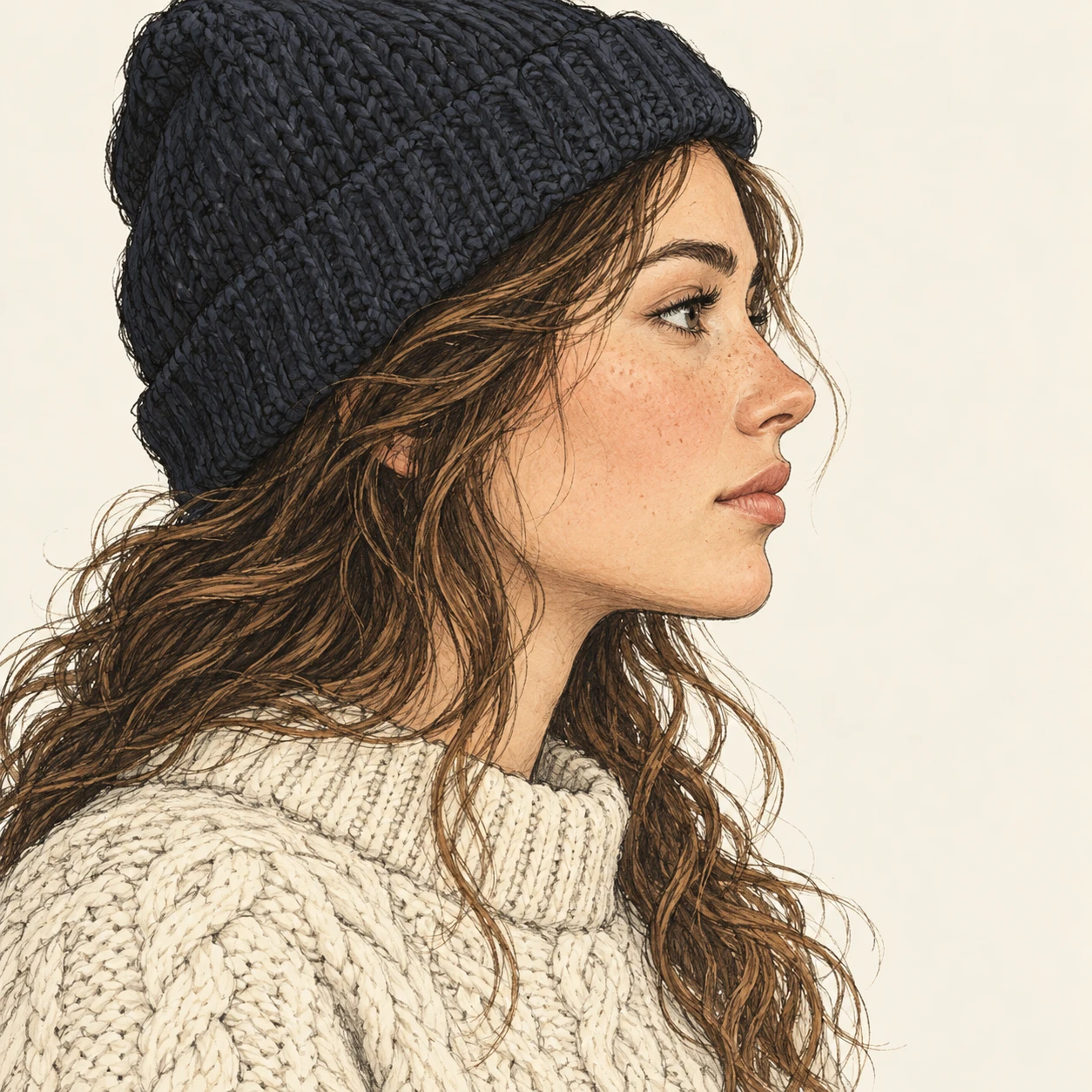 Illustration of one woman in a cream cable-knit fisherman sweater and a dark knitted watch cap over loose wavy hair, her head and shoulders seen in full profile from the side with her gaze level ahead and a calm closed-mouth expression, closely cropped so the head and shoulders fill most of the picture, hands not visible, a plain pale background behind her, the lower edge left as empty background with nothing written on it (hand-drawn)