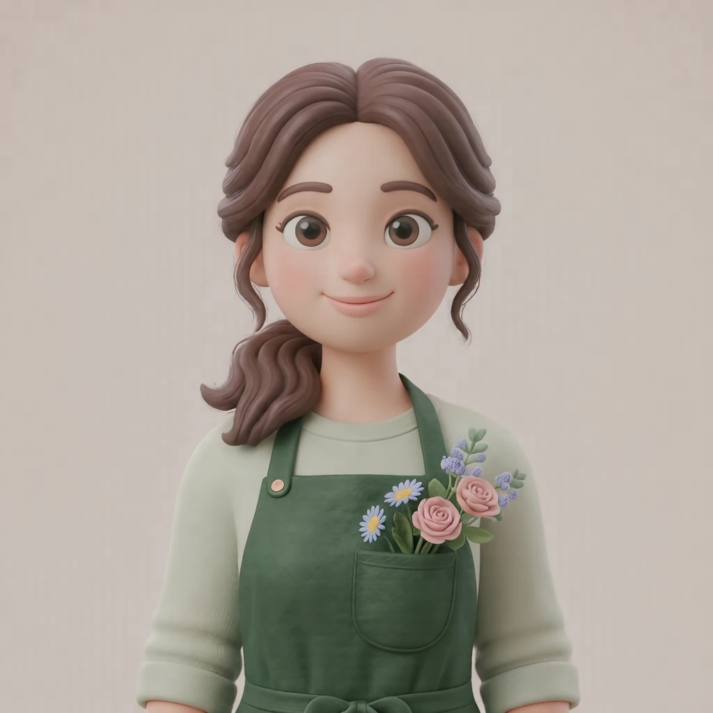 Illustration of one woman in a dark green florist's apron with a few fresh flowers tucked into the bib pocket and wavy hair tied loosely back, her head and shoulders seen straight from the front with both eyes looking at the viewer and a calm closed-mouth smile, closely cropped so the head and shoulders fill most of the picture, hands not visible, a plain pale background behind her, the lower edge left as empty background with nothing written on it (soft 3D)