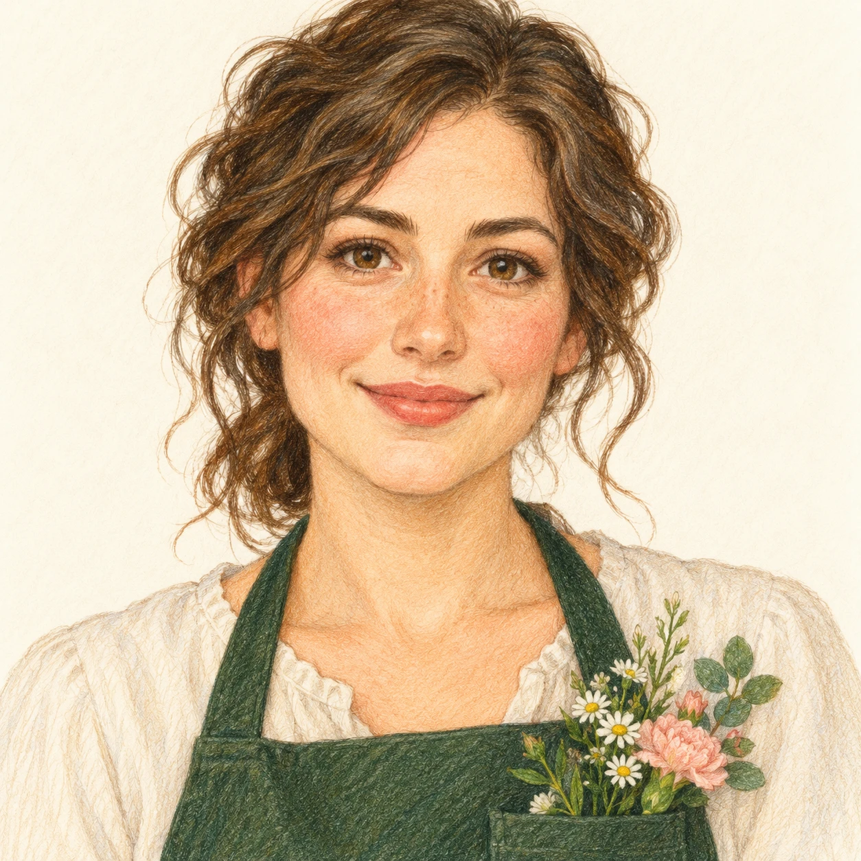Illustration of one woman in a dark green florist's apron with a few fresh flowers tucked into the bib pocket and wavy hair tied loosely back, her head and shoulders seen straight from the front with both eyes looking at the viewer and a calm closed-mouth smile, closely cropped so the head and shoulders fill most of the picture, hands not visible, a plain pale background behind her, the lower edge left as empty background with nothing written on it (colored pencil)