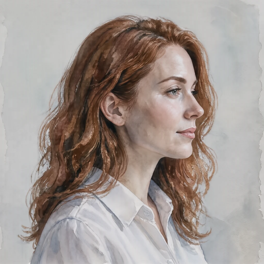 Illustration of one woman in a crisp white shirt with wavy auburn hair, her head and shoulders seen in full profile from the side with her gaze level ahead and a calm closed-mouth expression, closely cropped so the head and shoulders fill most of the picture, hands not visible, a plain pale background behind her, the lower edge left as empty background with nothing written on it (watercolor)