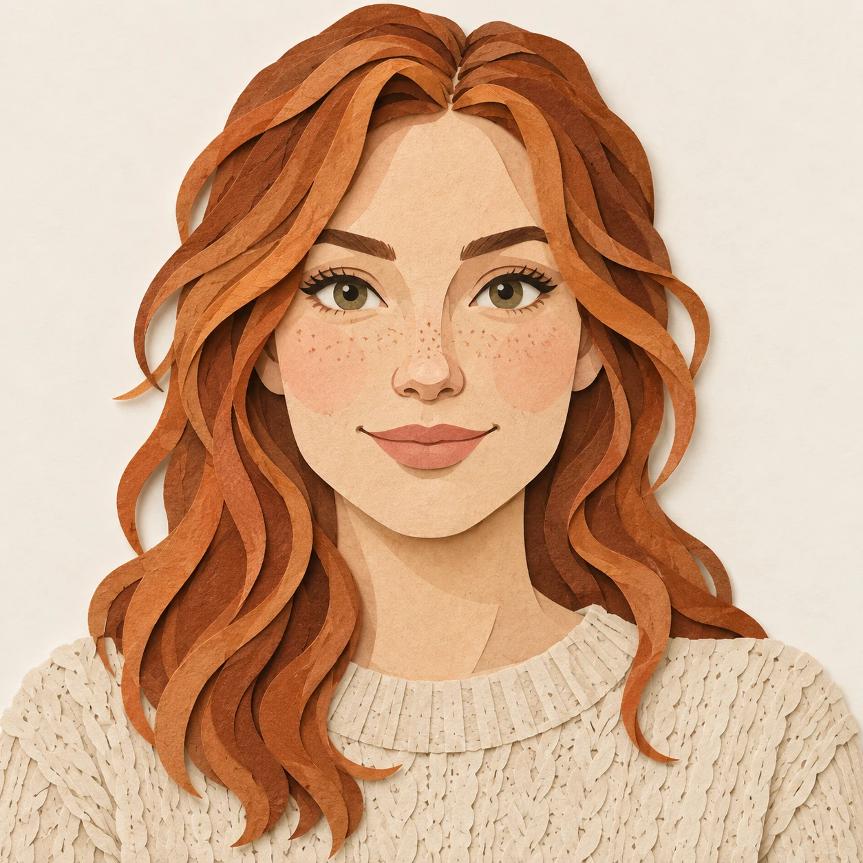 Illustration of one woman in a loose oatmeal knit jumper with warm copper hair, her head and shoulders seen straight from the front with both eyes looking at the viewer and a calm closed-mouth smile, closely cropped so the head and shoulders fill most of the picture, hands not visible, a plain pale background behind her, the lower edge left as empty background with nothing written on it (paper cut-out)