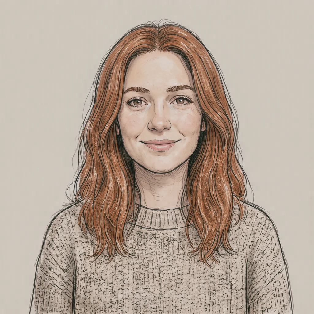 Illustration of one woman in a loose oatmeal knit jumper with warm copper hair, her head and shoulders seen straight from the front with both eyes looking at the viewer and a calm closed-mouth smile, closely cropped so the head and shoulders fill most of the picture, hands not visible, a plain pale background behind her, the lower edge left as empty background with nothing written on it (hand-drawn)