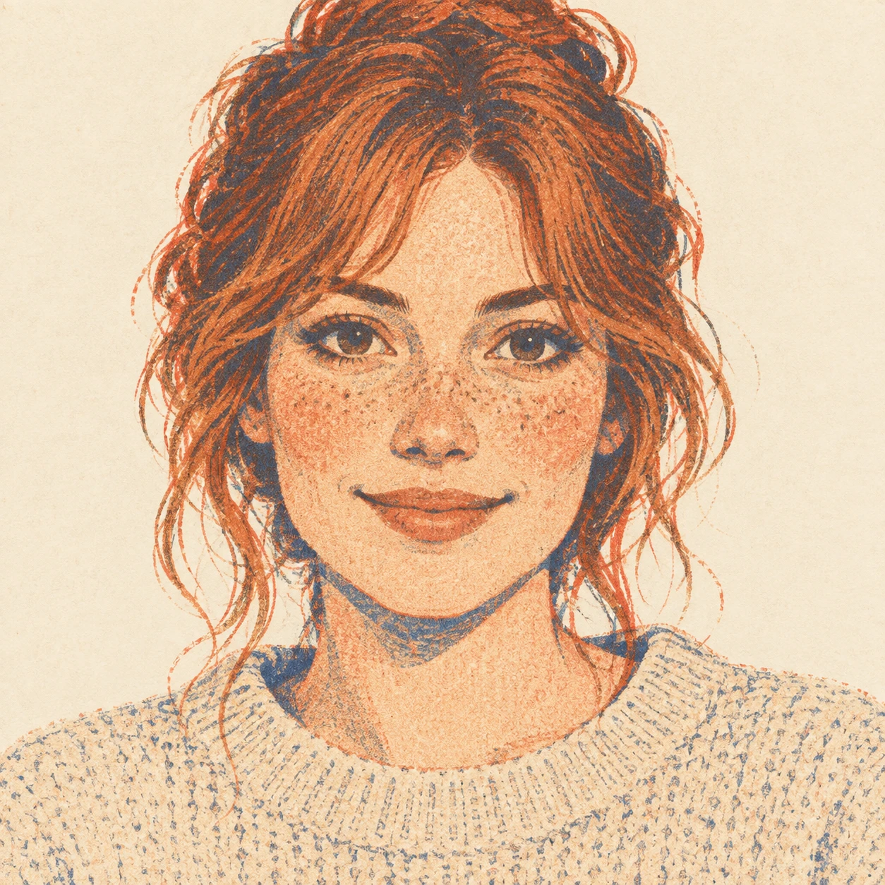 Illustration of one woman in a loose oatmeal knit jumper with warm copper hair, her head and shoulders seen straight from the front with both eyes looking at the viewer and a calm closed-mouth smile, closely cropped so the head and shoulders fill most of the picture, hands not visible, a plain pale background behind her, the lower edge left as empty background with nothing written on it (retro print)