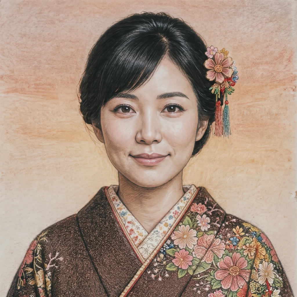 Illustration of one woman in a New Year furisode kimono with a wide floral-patterned collar and a small flower ornament in her neatly pinned-up black hair, her head and shoulders seen straight from the front with both eyes looking at the viewer and a calm closed-mouth smile, closely cropped so the head and shoulders fill most of the picture, hands not visible, a plain pale background behind her, the lower edge left as empty background with nothing written on it (colored pencil)