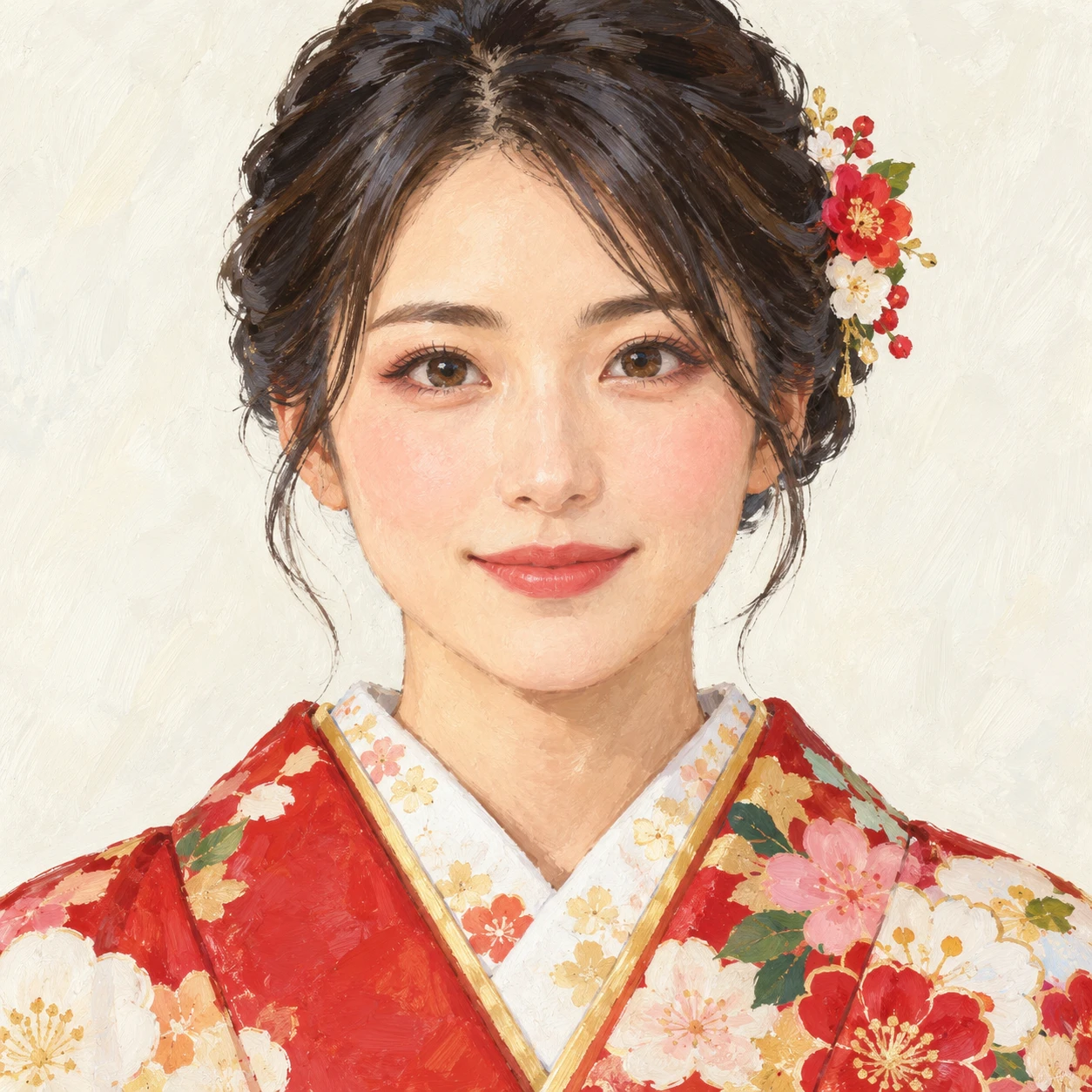 Illustration of one woman in a New Year furisode kimono with a wide floral-patterned collar and a small flower ornament in her neatly pinned-up black hair, her head and shoulders seen straight from the front with both eyes looking at the viewer and a calm closed-mouth smile, closely cropped so the head and shoulders fill most of the picture, hands not visible, a plain pale background behind her, the lower edge left as empty background with nothing written on it (gouache)