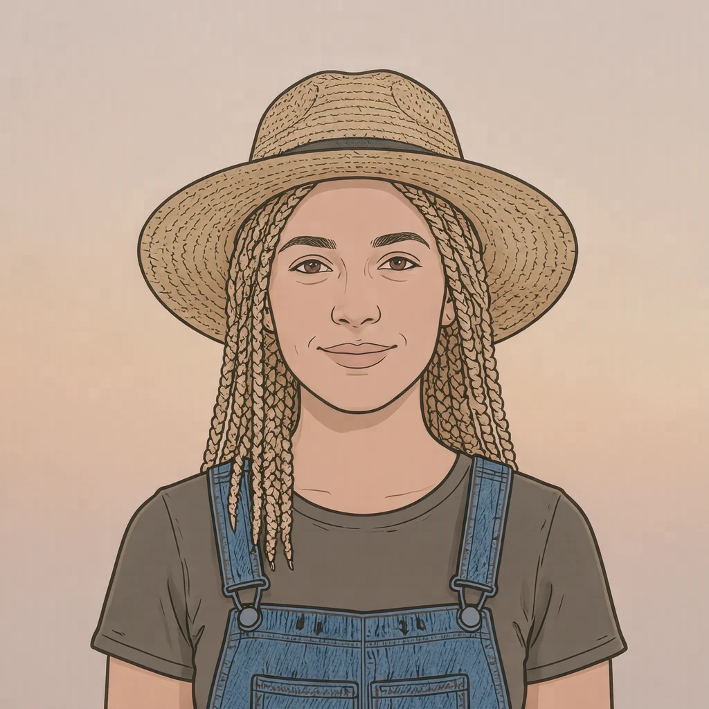 Illustration of one woman in denim overalls and a straw hat over light brown braids, her head and shoulders seen straight from the front with both eyes looking at the viewer and a calm closed-mouth smile, closely cropped so the head and shoulders fill most of the picture, hands not visible, a plain pale background behind her, the lower edge left as empty background with nothing written on it (simple line art)