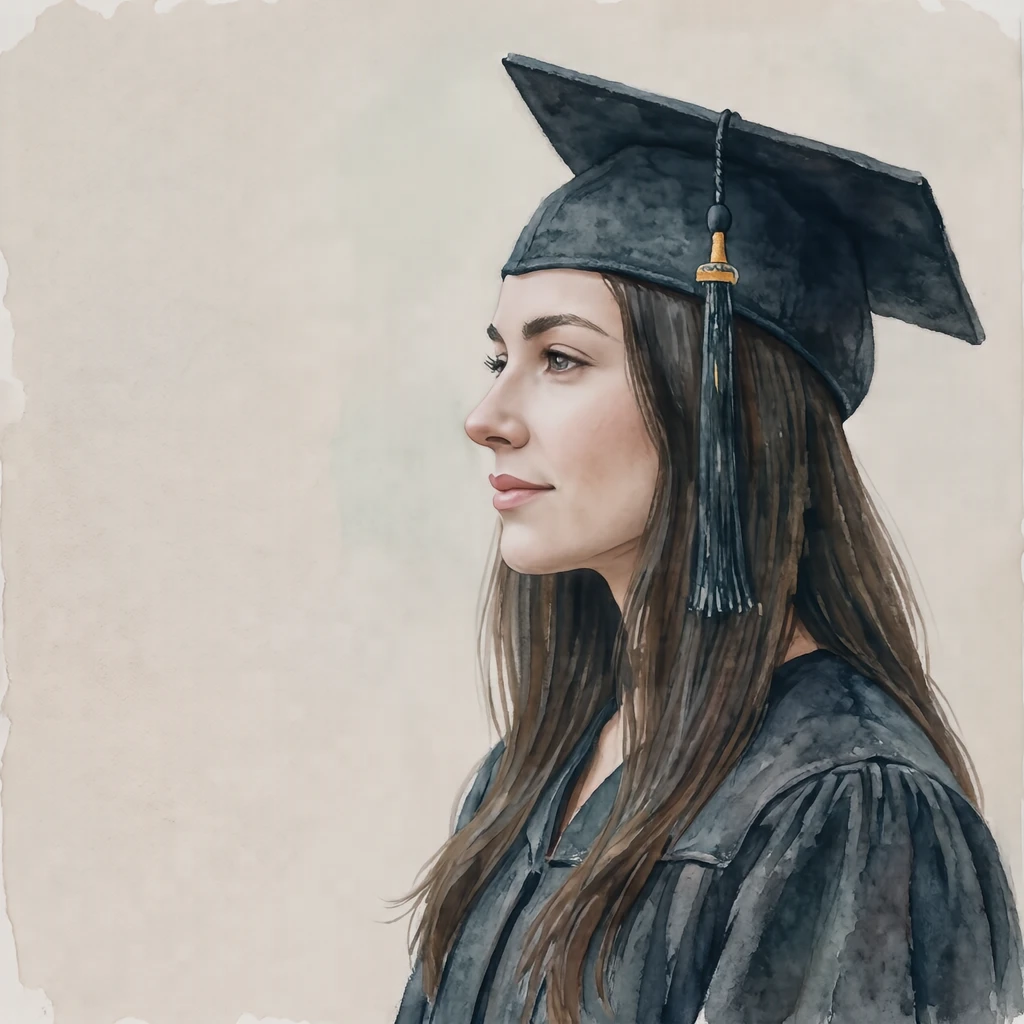 Illustration of one woman in a dark graduation gown and a square graduation cap with a tassel over long straight hair, her head and shoulders seen in full profile from the side with her gaze level ahead and a calm closed-mouth expression, closely cropped so the head and shoulders fill most of the picture, hands not visible, a plain pale background behind her, the lower edge left as empty background with nothing written on it (watercolor)