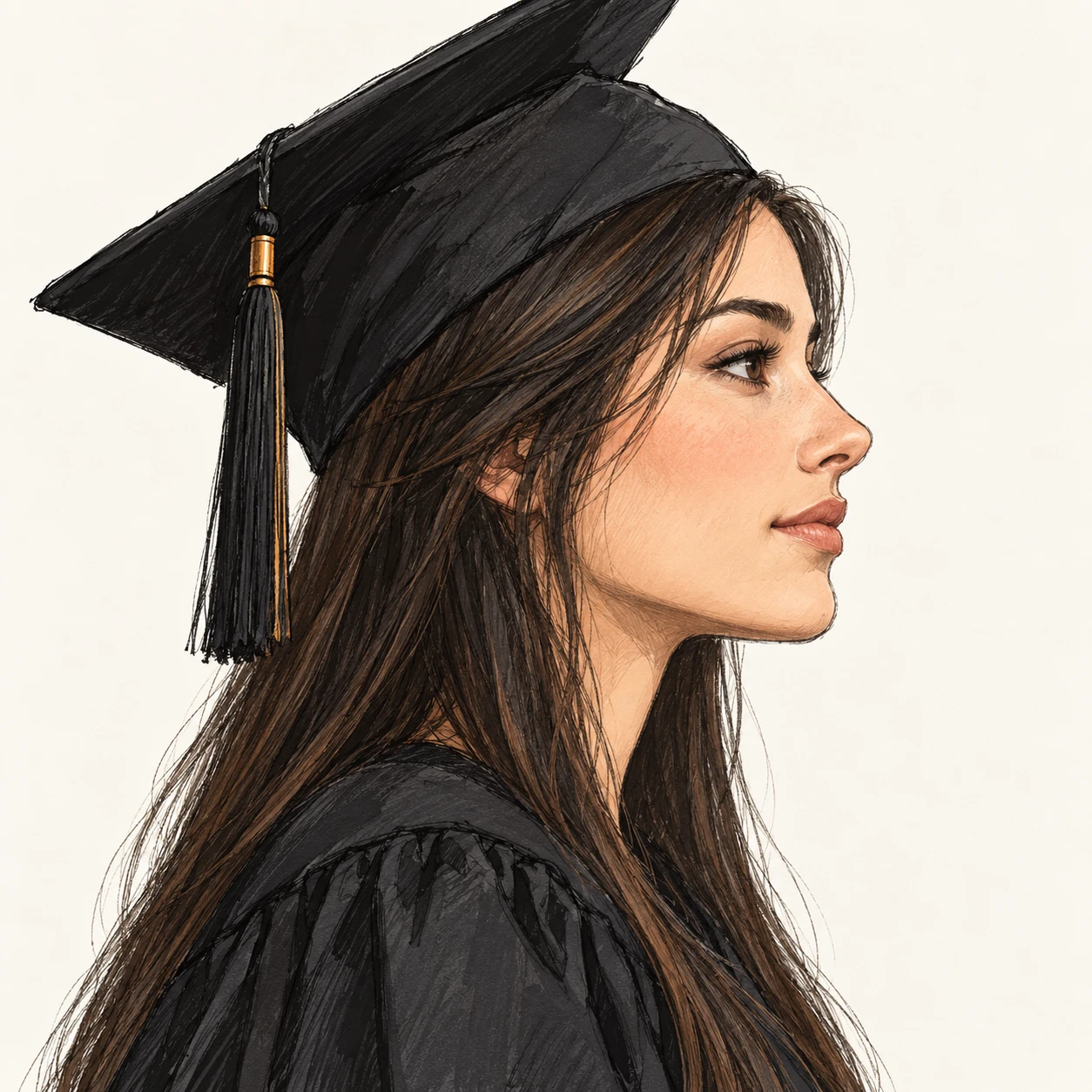 Illustration of one woman in a dark graduation gown and a square graduation cap with a tassel over long straight hair, her head and shoulders seen in full profile from the side with her gaze level ahead and a calm closed-mouth expression, closely cropped so the head and shoulders fill most of the picture, hands not visible, a plain pale background behind her, the lower edge left as empty background with nothing written on it (hand-drawn)