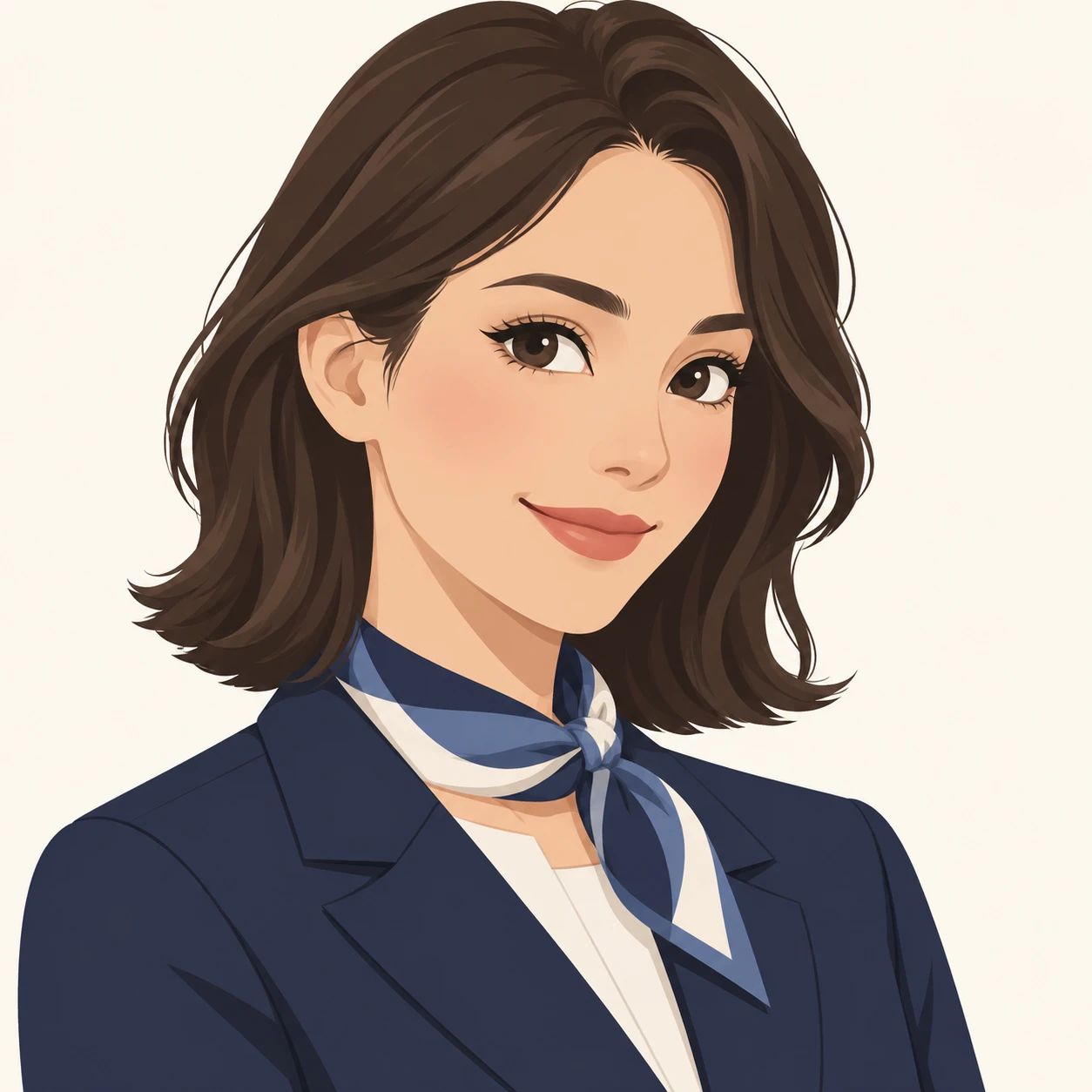 Illustration of one woman in a neat uniform jacket with a folded scarf at the collar and shoulder length hair, her head and shoulders seen at a three-quarter angle with her face turned slightly to one side, both eyes visible and looking at the viewer with a calm closed-mouth smile, closely cropped so the head and shoulders fill most of the picture, hands not visible, a plain pale background behind her, the lower edge left as empty background with nothing written on it (flat illustration)