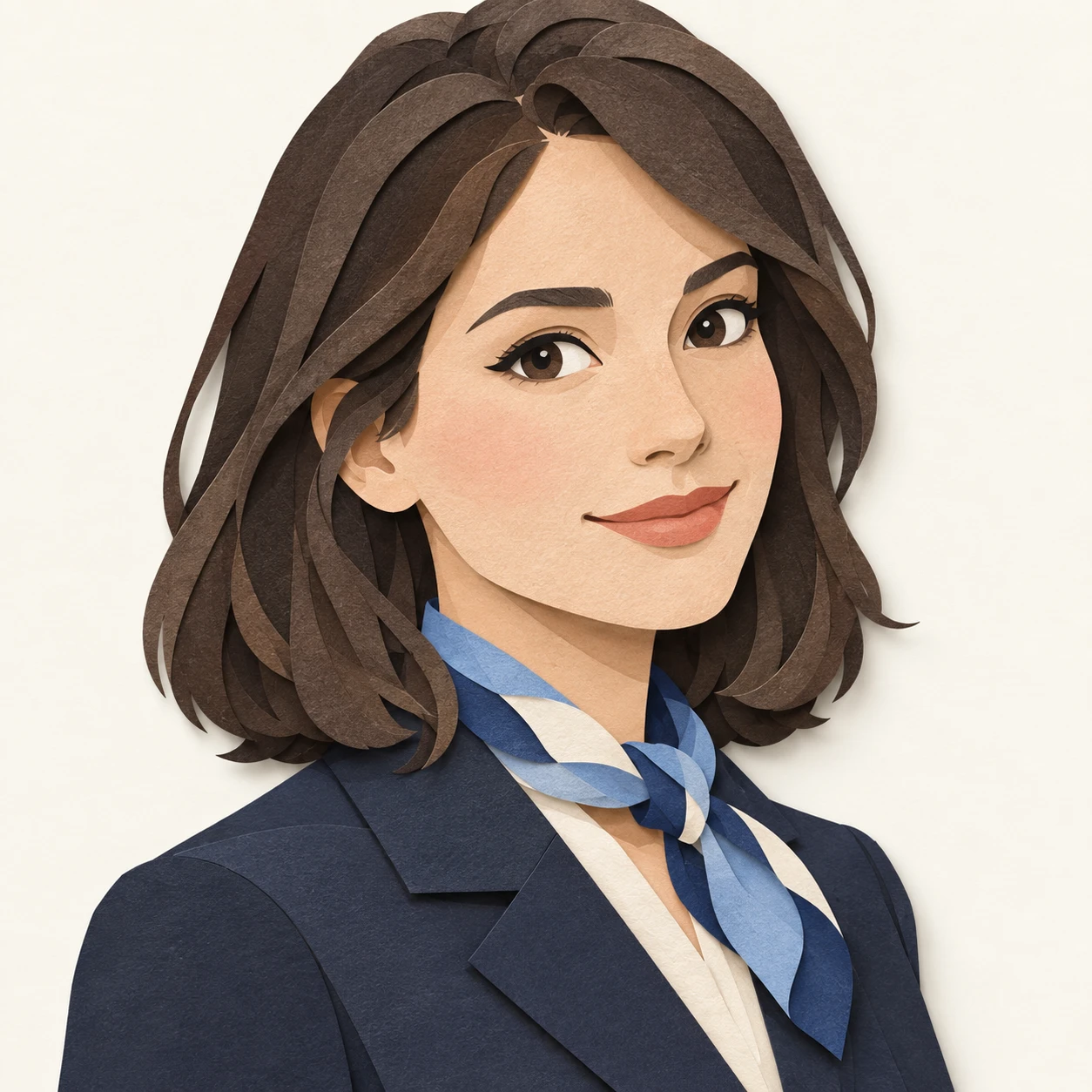 Illustration of one woman in a neat uniform jacket with a folded scarf at the collar and shoulder length hair, her head and shoulders seen at a three-quarter angle with her face turned slightly to one side, both eyes visible and looking at the viewer with a calm closed-mouth smile, closely cropped so the head and shoulders fill most of the picture, hands not visible, a plain pale background behind her, the lower edge left as empty background with nothing written on it (paper cut-out)