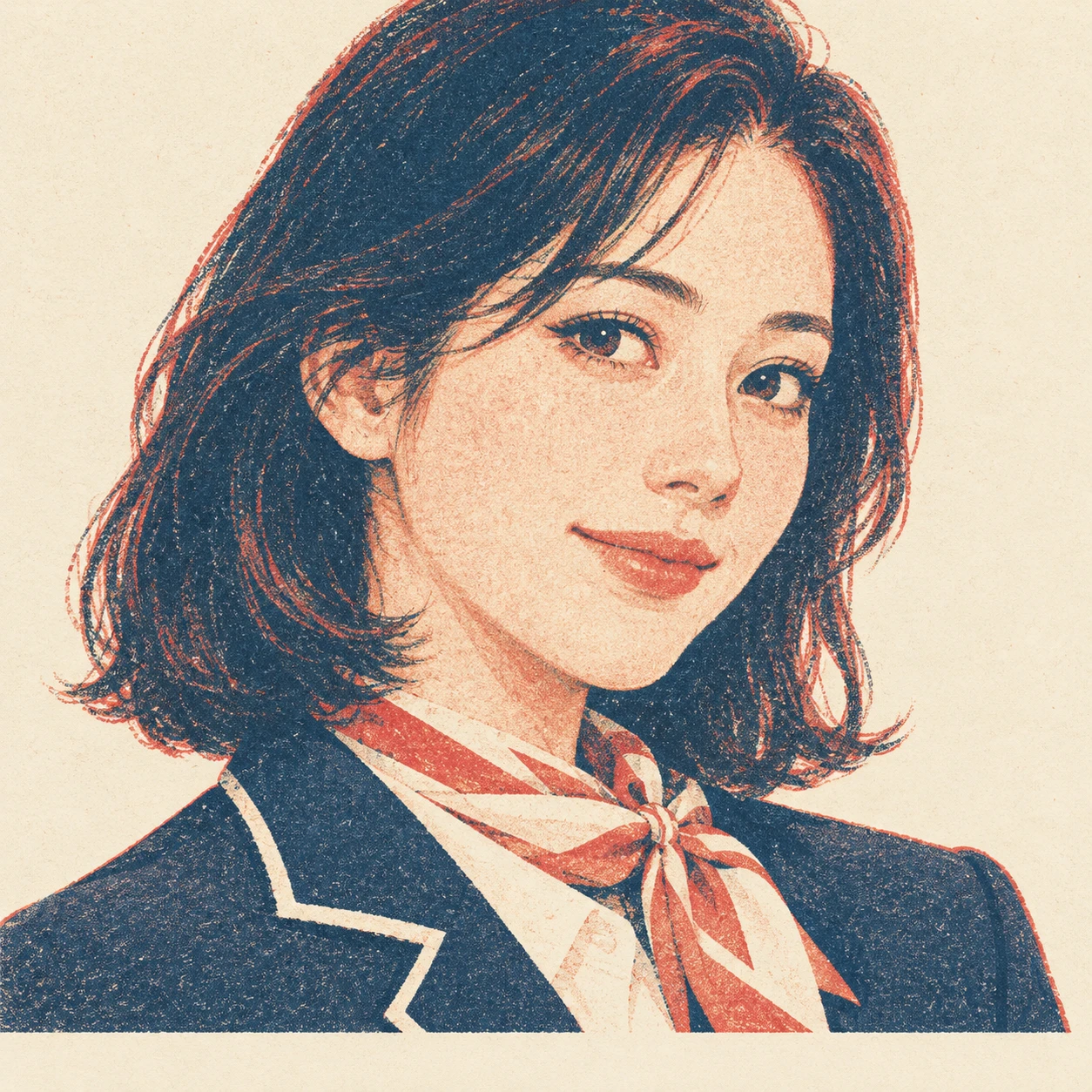 제복에 스카프를 두른 여성의 프로필 아이콘 (레트로 인쇄)