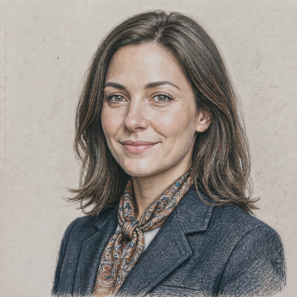 Illustration of one woman in a neat uniform jacket with a folded scarf at the collar and shoulder length hair, her head and shoulders seen at a three-quarter angle with her face turned slightly to one side, both eyes visible and looking at the viewer with a calm closed-mouth smile, closely cropped so the head and shoulders fill most of the picture, hands not visible, a plain pale background behind her, the lower edge left as empty background with nothing written on it (colored pencil)