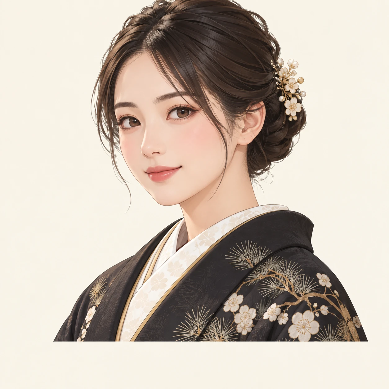 Illustration of one woman in a dark New Year haori jacket over a kimono with her hair neatly pinned up, her head and shoulders seen at a three-quarter angle with her face turned slightly to one side, both eyes visible and looking at the viewer with a calm closed-mouth smile, closely cropped so the head and shoulders fill most of the picture, hands not visible, a plain pale background behind her, the lower edge left as empty background with nothing written on it (isometric)