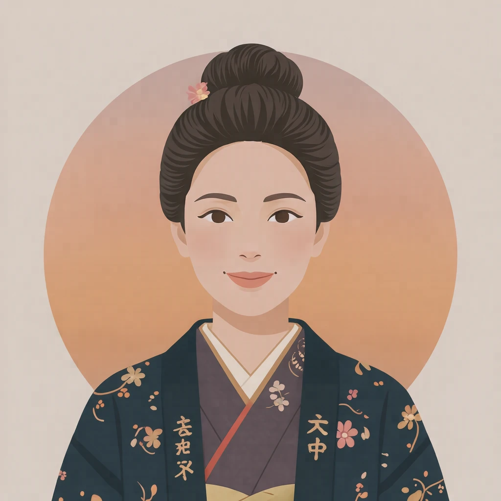 Illustration of one woman in a dark New Year haori jacket over a kimono with her hair neatly pinned up, her head and shoulders seen at a three-quarter angle with her face turned slightly to one side, both eyes visible and looking at the viewer with a calm closed-mouth smile, closely cropped so the head and shoulders fill most of the picture, hands not visible, a plain pale background behind her, the lower edge left as empty background with nothing written on it (flat illustration)