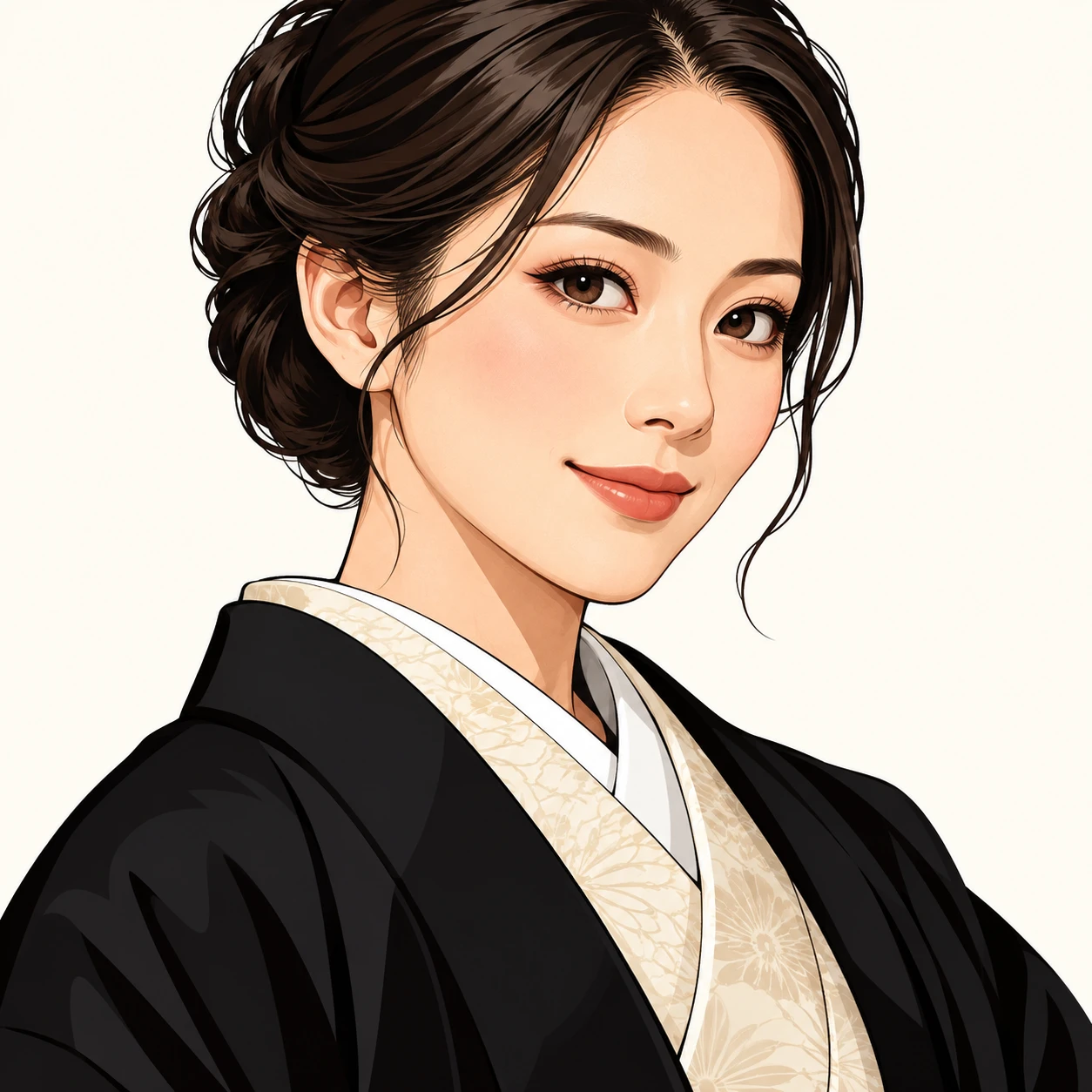 Illustration of one woman in a dark New Year haori jacket over a kimono with her hair neatly pinned up, her head and shoulders seen at a three-quarter angle with her face turned slightly to one side, both eyes visible and looking at the viewer with a calm closed-mouth smile, closely cropped so the head and shoulders fill most of the picture, hands not visible, a plain pale background behind her, the lower edge left as empty background with nothing written on it (bold graphic)