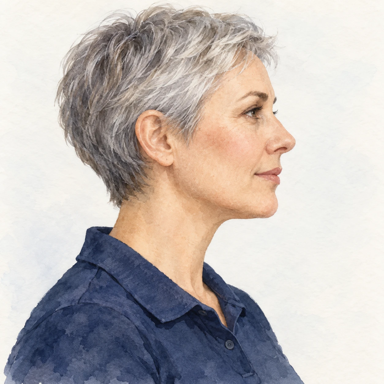 Illustration of one woman in a plain navy polo shirt with cropped grey hair, her head and shoulders seen in full profile from the side with her gaze level ahead and a calm closed-mouth expression, closely cropped so the head and shoulders fill most of the picture, hands not visible, a plain pale background behind her, the lower edge left as empty background with nothing written on it (watercolor)