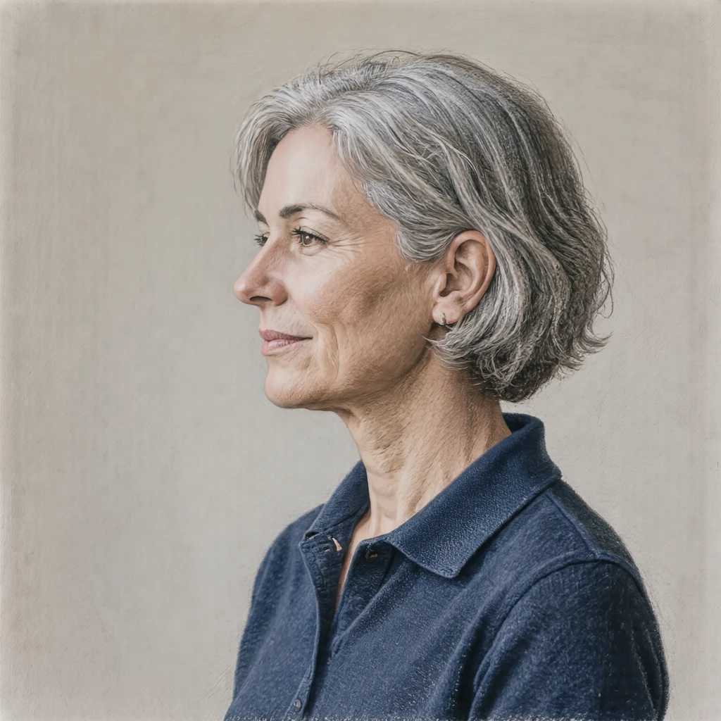 Illustration of one woman in a plain navy polo shirt with cropped grey hair, her head and shoulders seen in full profile from the side with her gaze level ahead and a calm closed-mouth expression, closely cropped so the head and shoulders fill most of the picture, hands not visible, a plain pale background behind her, the lower edge left as empty background with nothing written on it (colored pencil)