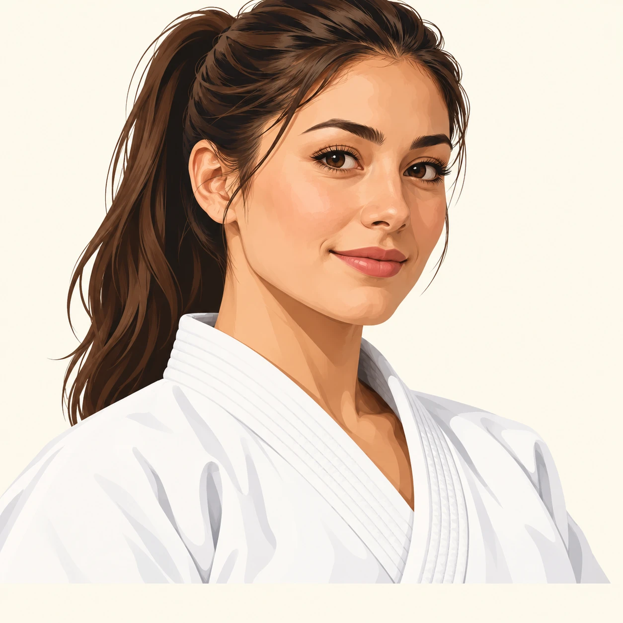 Illustration of one woman in a white martial arts uniform with the lapels crossed at the chest and her hair tied back in a ponytail, her head and shoulders seen at a three-quarter angle with her face turned slightly to one side, both eyes visible and looking at the viewer with a calm closed-mouth smile, closely cropped so the head and shoulders fill most of the picture, hands not visible, a plain pale background behind her, the lower edge left as empty background with nothing written on it (bold graphic)