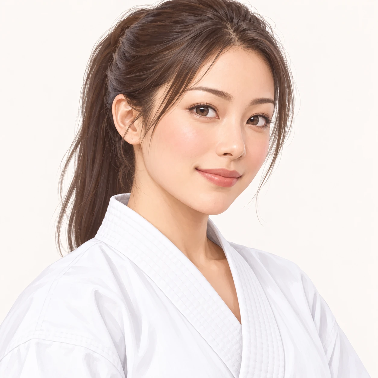 Illustration of one woman in a white martial arts uniform with the lapels crossed at the chest and her hair tied back in a ponytail, her head and shoulders seen at a three-quarter angle with her face turned slightly to one side, both eyes visible and looking at the viewer with a calm closed-mouth smile, closely cropped so the head and shoulders fill most of the picture, hands not visible, a plain pale background behind her, the lower edge left as empty background with nothing written on it (soft pastel)